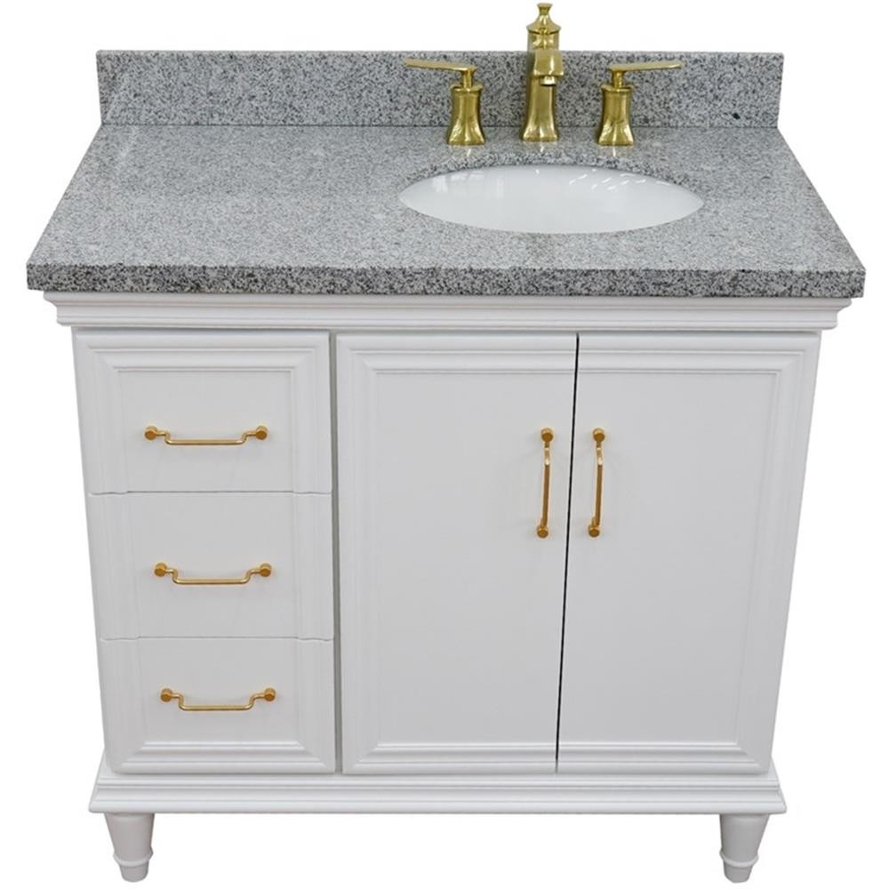 Pemberly Row 37″ Single Wood Vanity White Gray Granite Oval Right Door & Sink