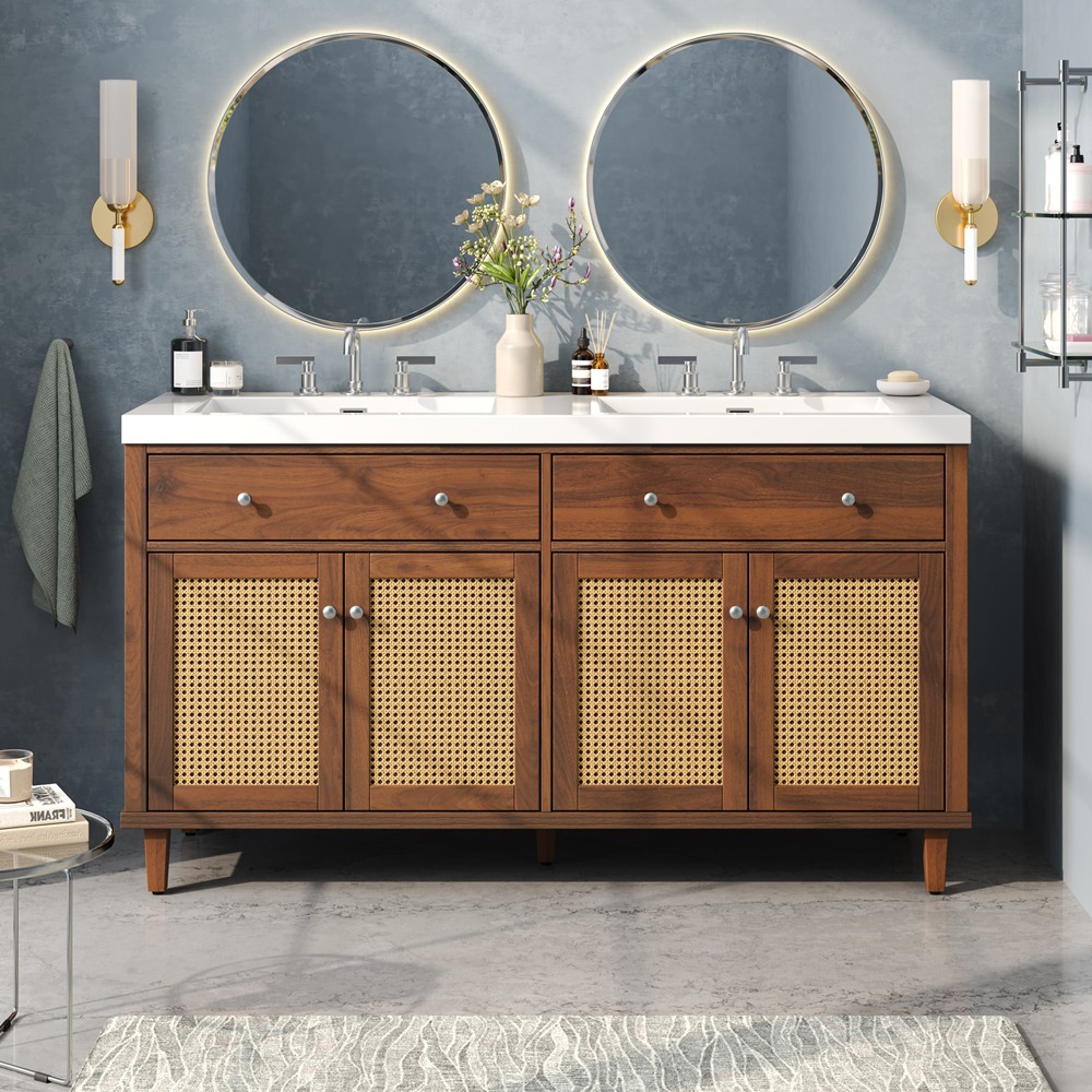 60″ Bathroom Vanity w/Double Sink, 2 Drawers, Freestanding Vanity Doors Cabinet