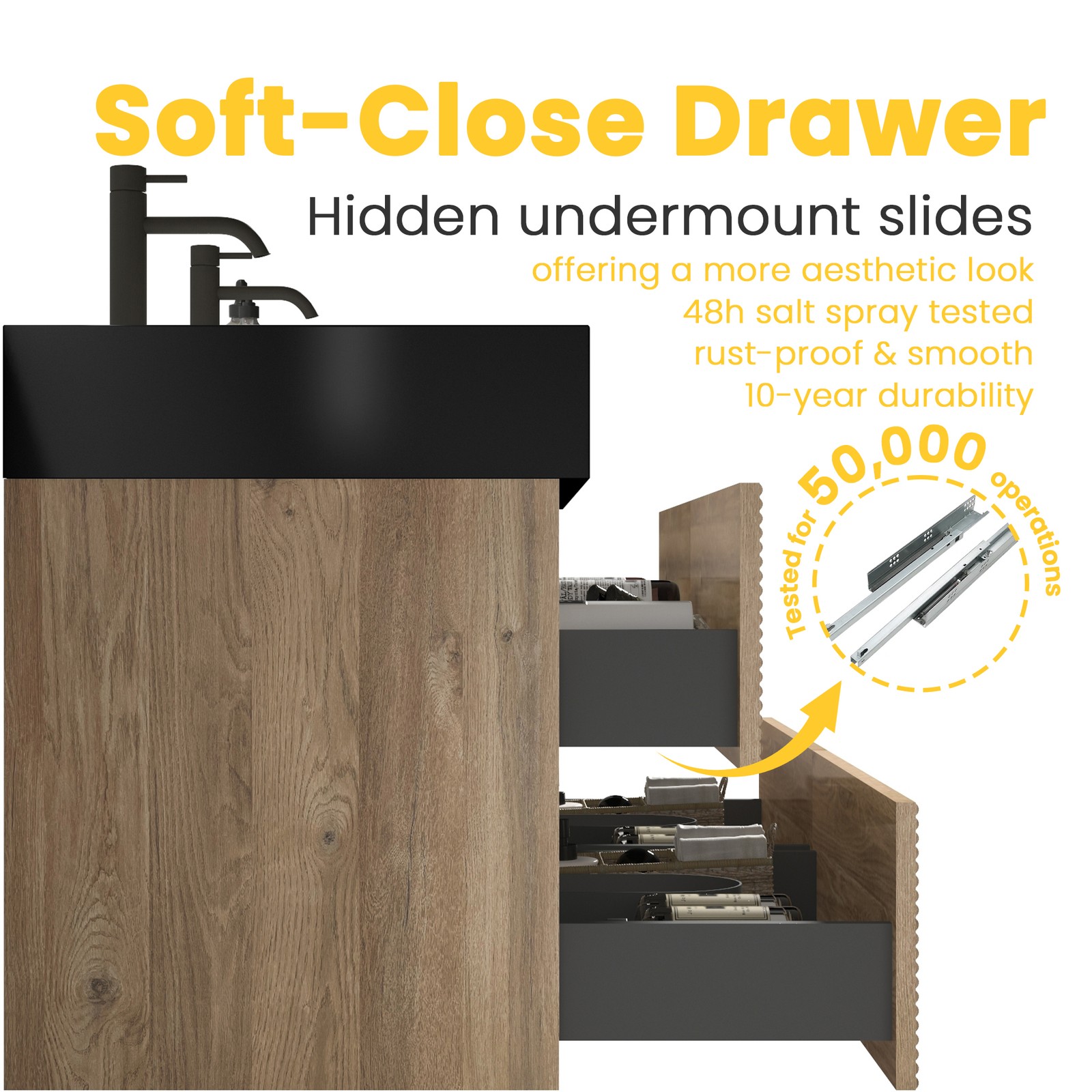 30″ Rough Oak Wall Mounted Bathroom Vanity with Black Sink & Drawers