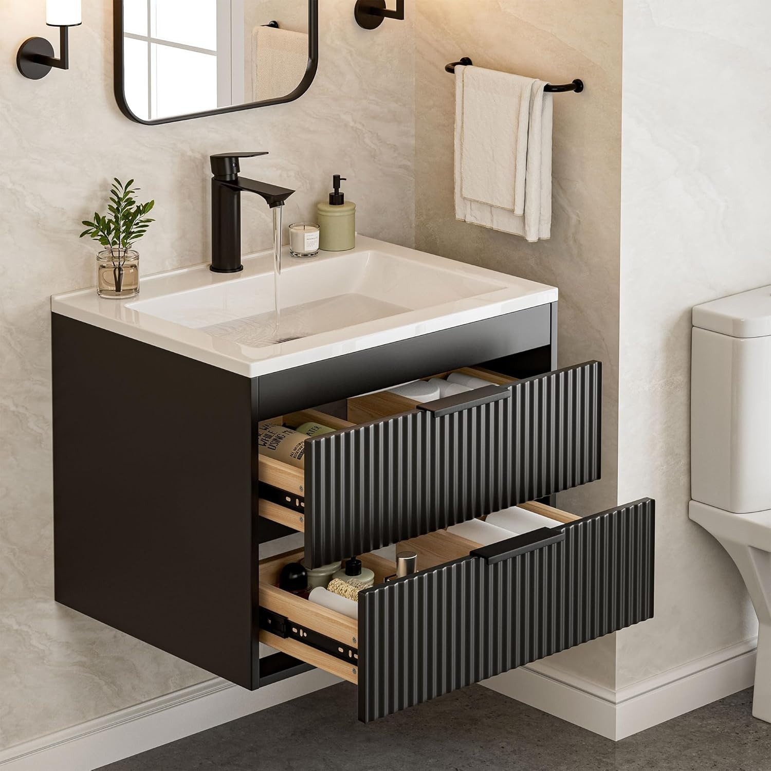 24 Inches Modern MDF Bathroom Vanity with Sink, Wall Mounted Floating Cabinets W