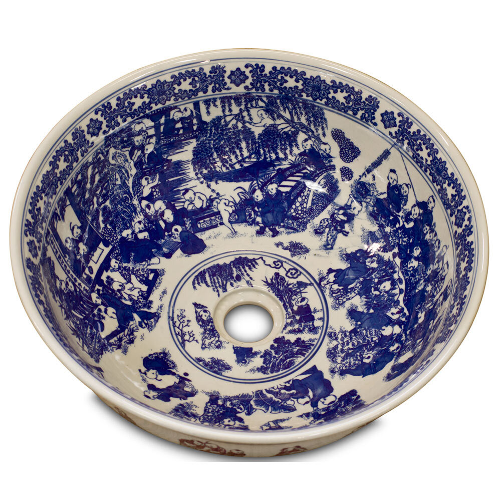 US Seller – Blue and White Porcelain Schoolyard Scene Oriental Basin