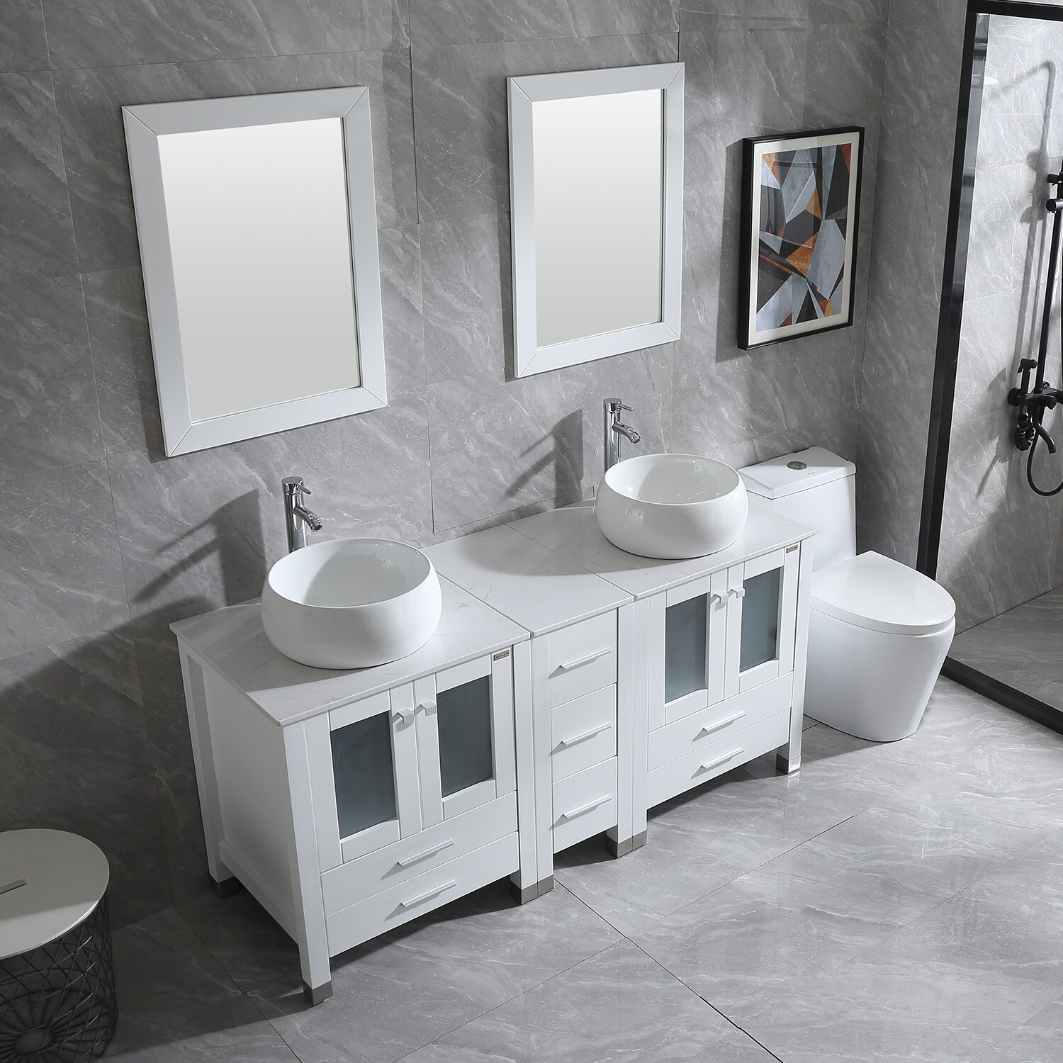 60″ Double Bathroom Vanity White Cabinet Glass Vessel Sink Bowl Mirror w/Faucet