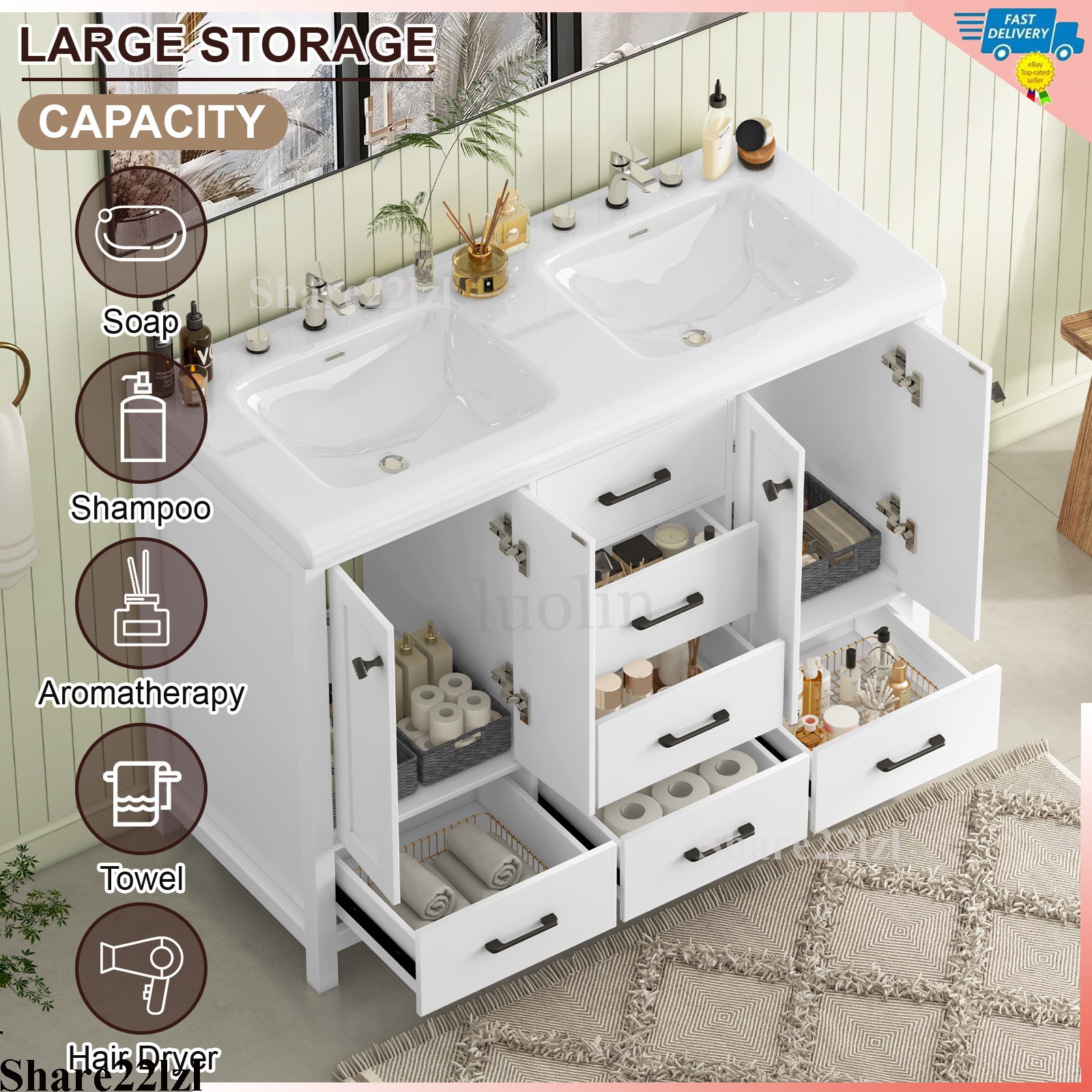 47″ Double Bathroom Vanity Wood Cabinet with Ceramic Sink Combo Set Freestanding