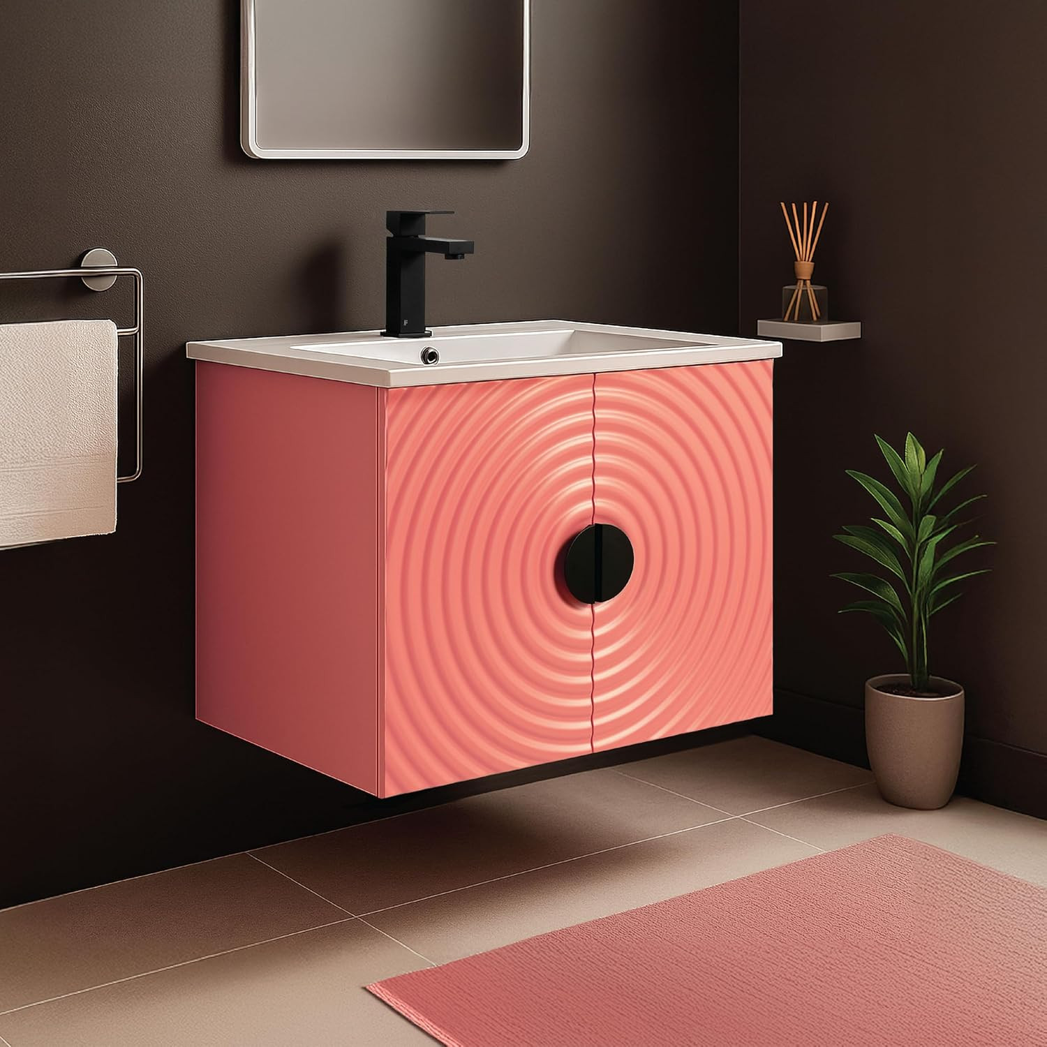 Coral Pink 24″ Floating Bathroom Vanity with Sink & Stylish Fluted Doors