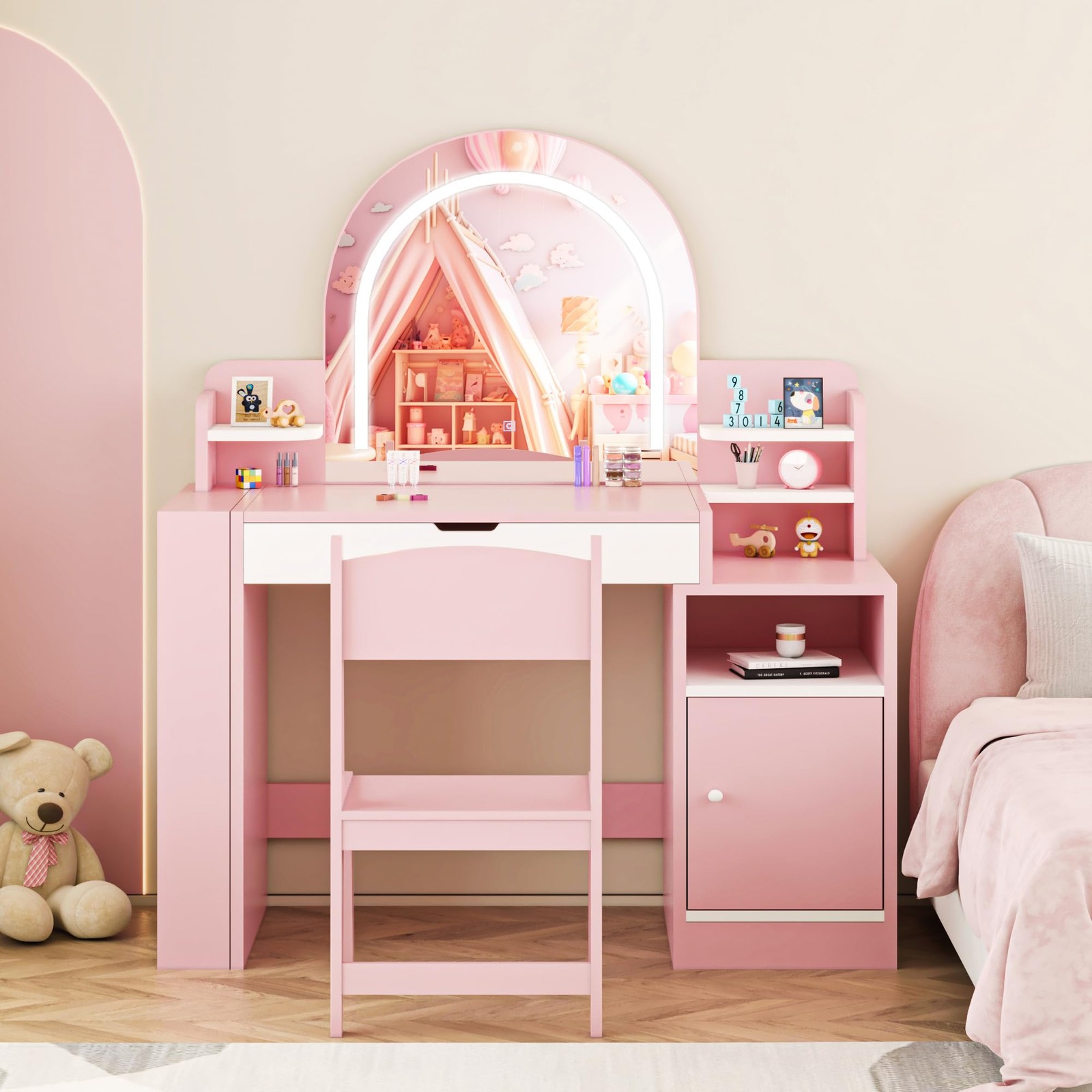 Kids Vanity Table Set Lighted Mirror Stool Jewelry Storage Makeup Pink