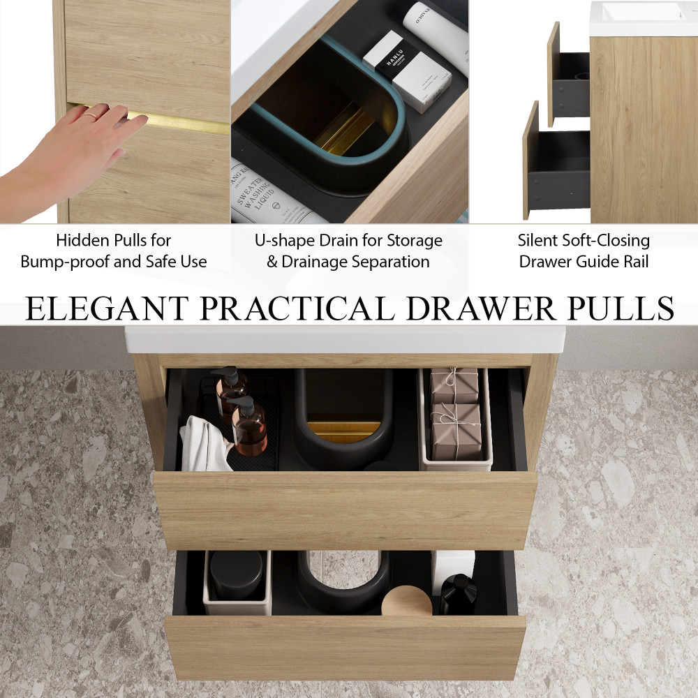 24in Oak Wall Vanity Pre-Assembled with Sink, Soft Close Drawers