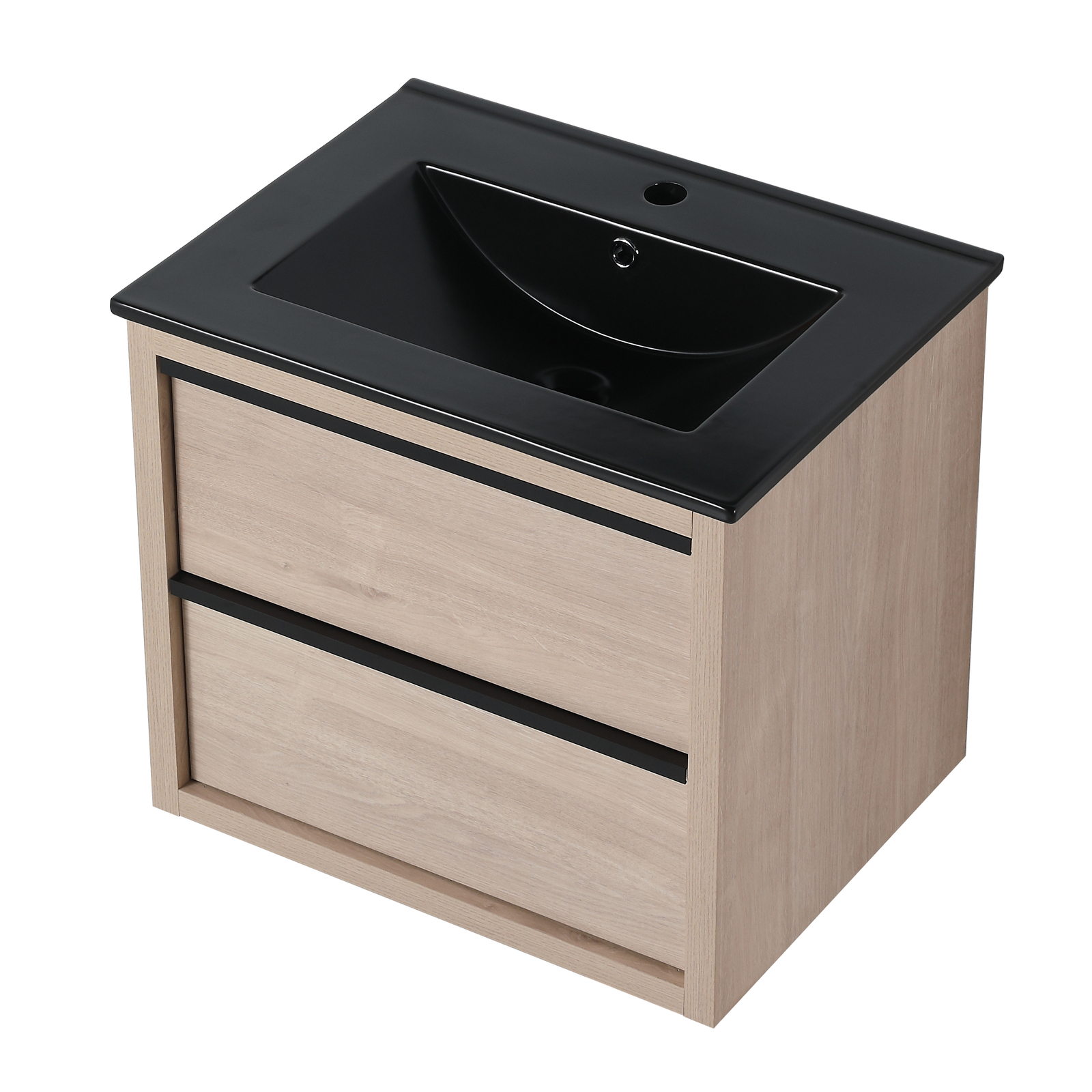24″Bathroom Vanity Cabinet Wall Mounted Floating W/ Black Ceramic Sink 2 Drawers