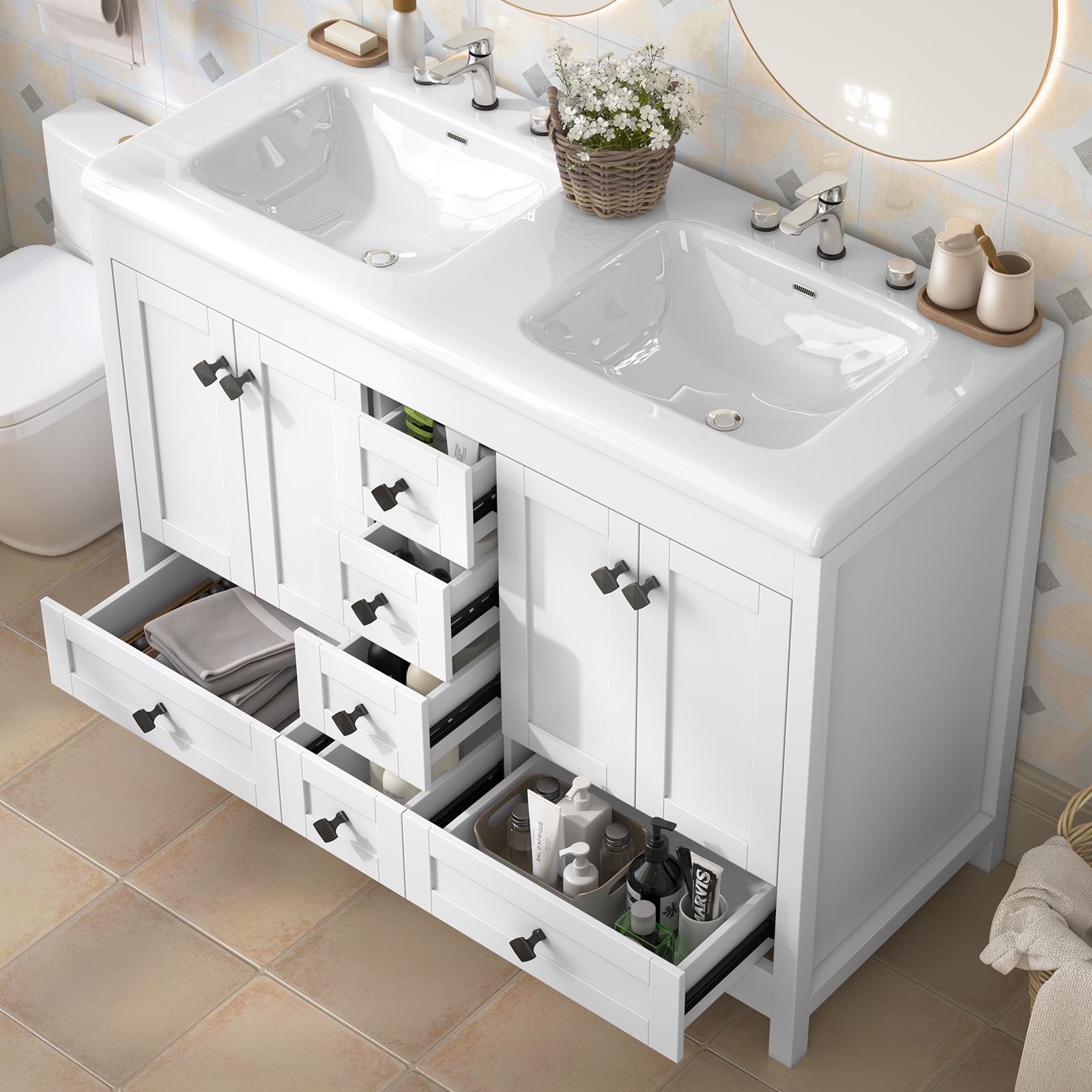 Large Luxury Double Basin Vanity Set w/ Soft Close Drawers & Waterproof Cabinet