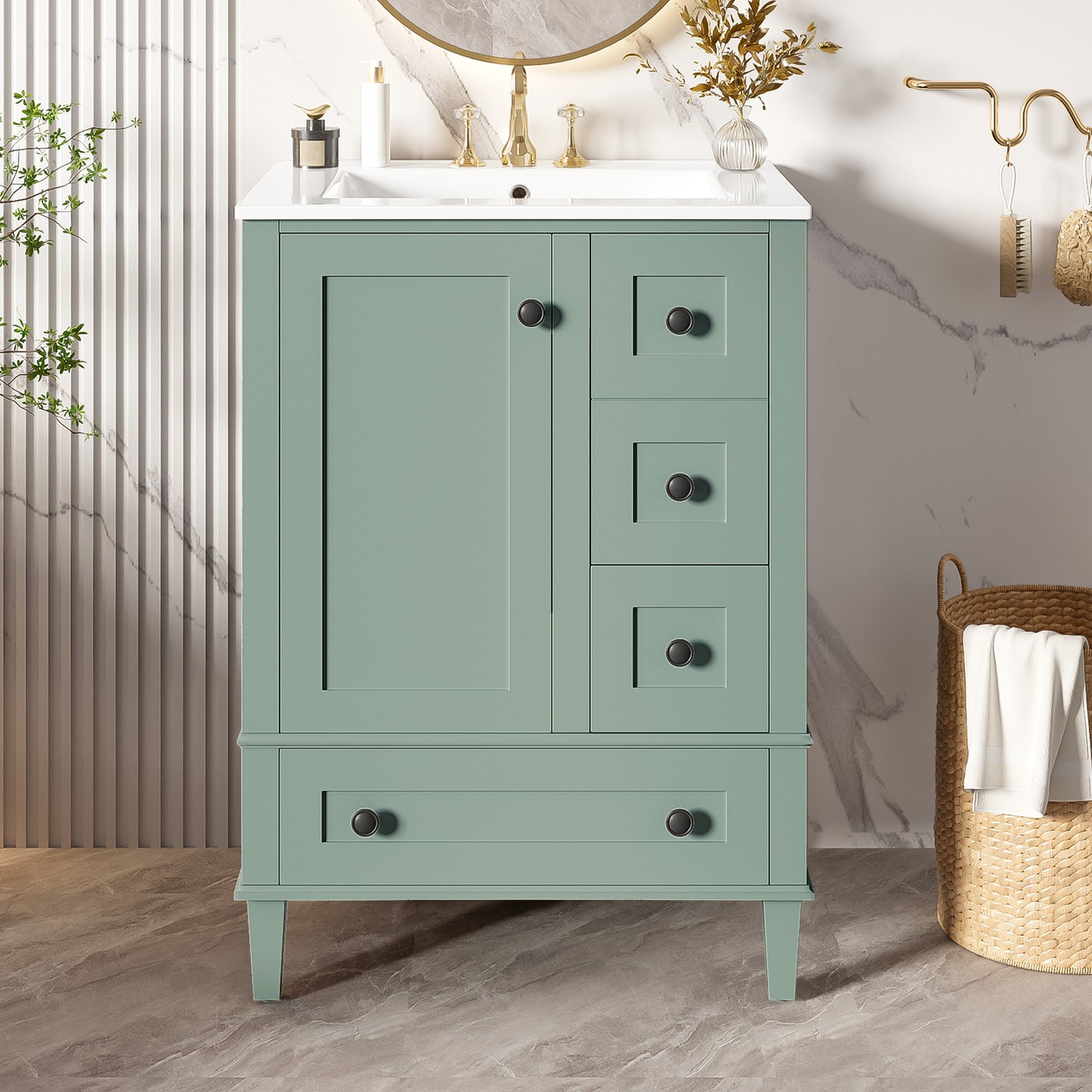 24″ Wood Bathroom Vanity Storage Cabinet with Ceramic Sink & Soft-Close Drawers