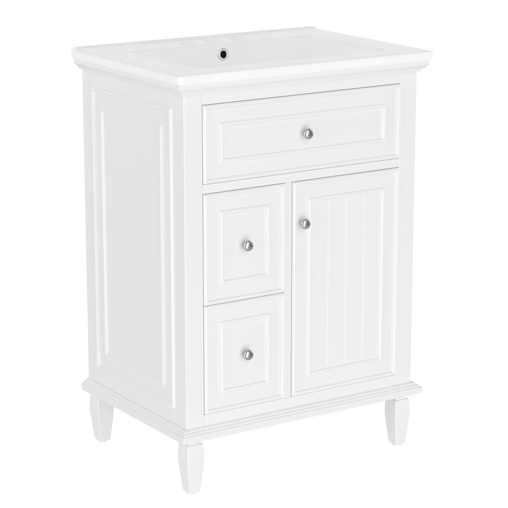 24 Inch White Bathroom Vanity with Ceramic Sink Solid Wood MDF Cabinet