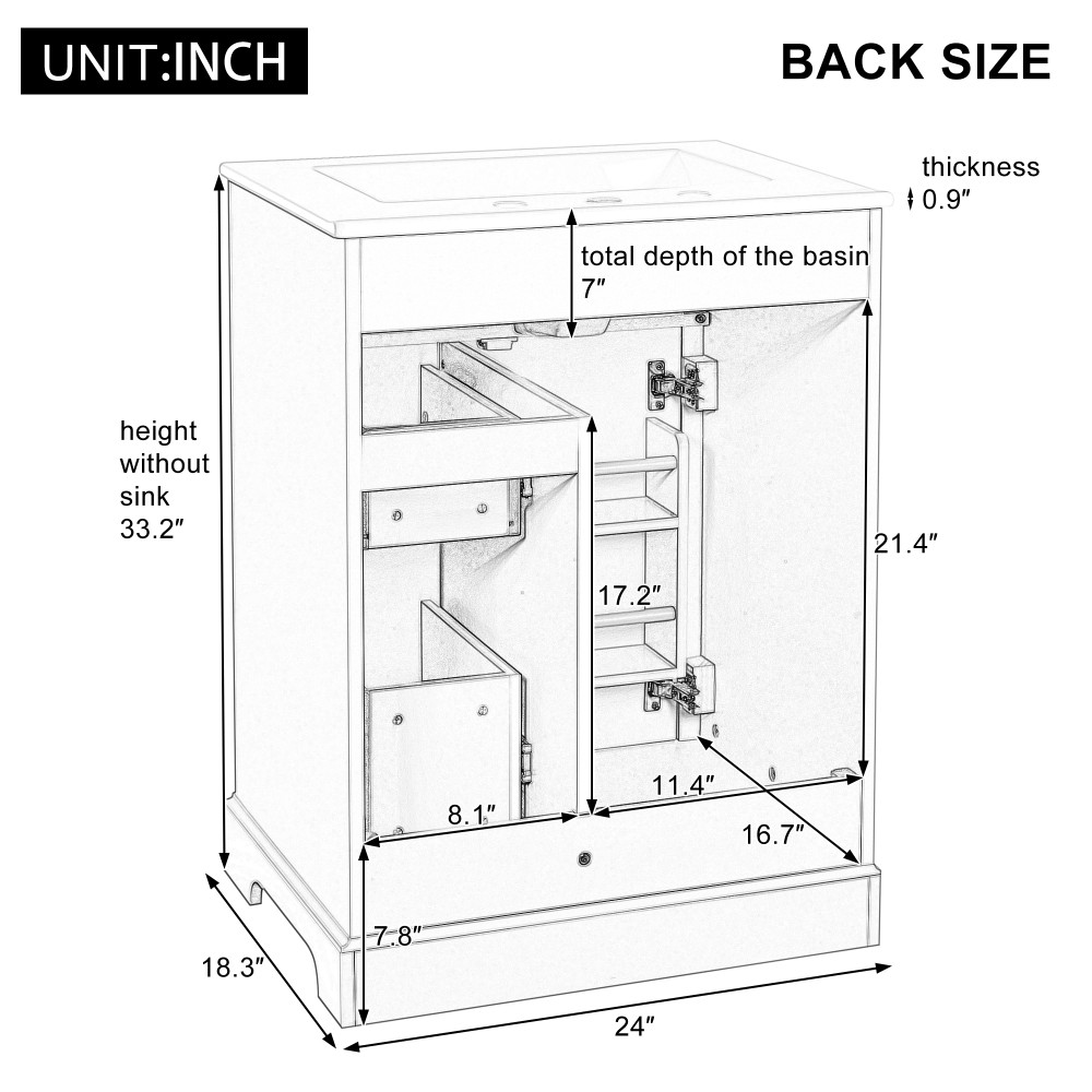 24 in White Bathroom Vanity with Sink MDF & Pinewood Construction 3 Drawers