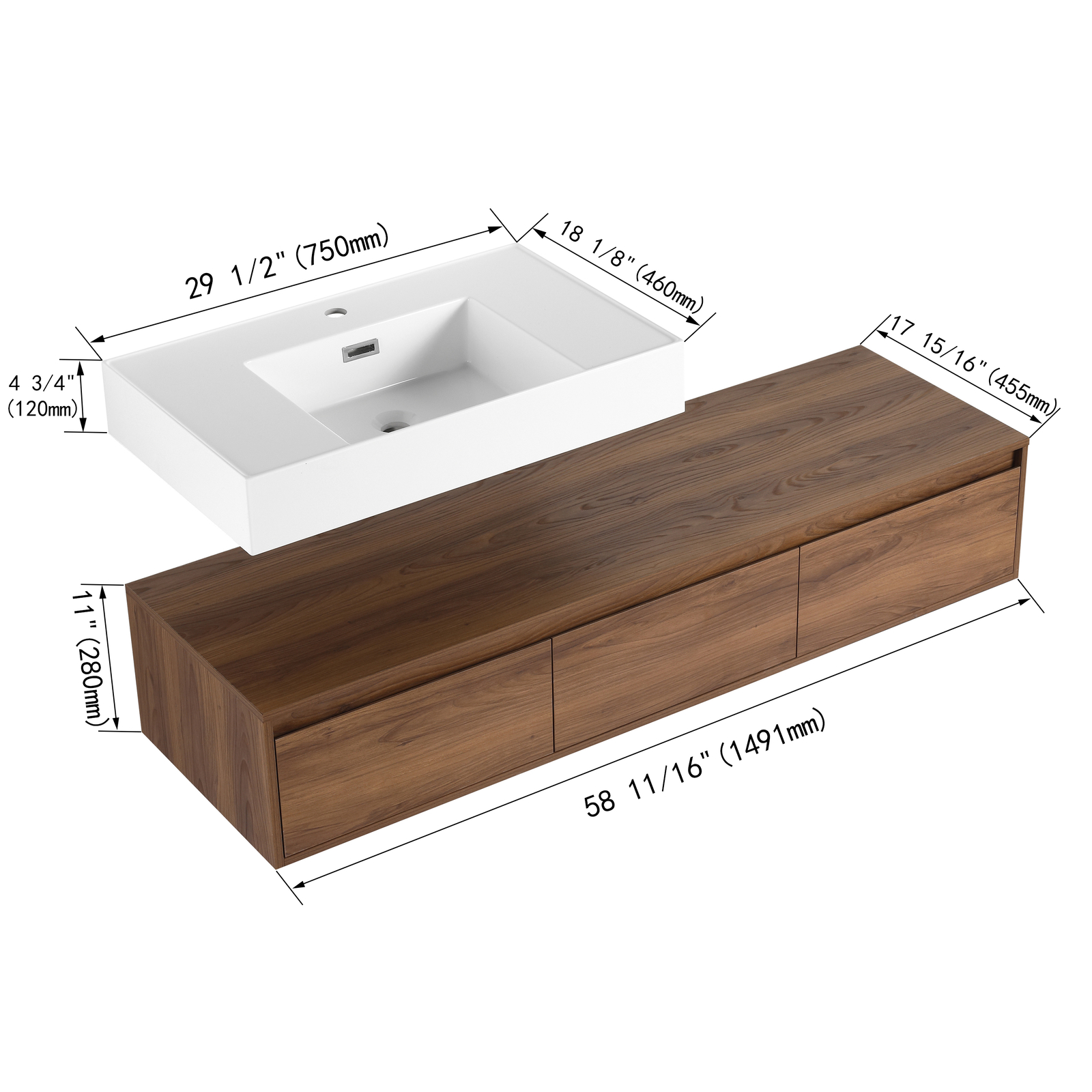 60 in Wooden Floating Wall-Mounted Bathroom Vanity W/ Single Resin Sink +Drawers