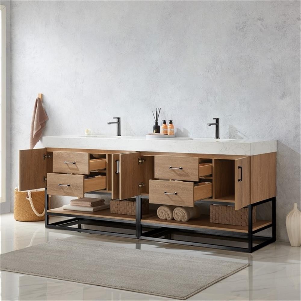 Pemberly Row 84″ White Stone Top Oak Double Vanity Black Frame w/o Mirror