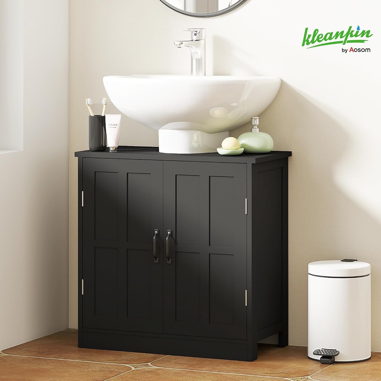Pedestal Under Sink Storage Cabinet Black, Bathroom with U-Shape Cut-Out 2 Doors