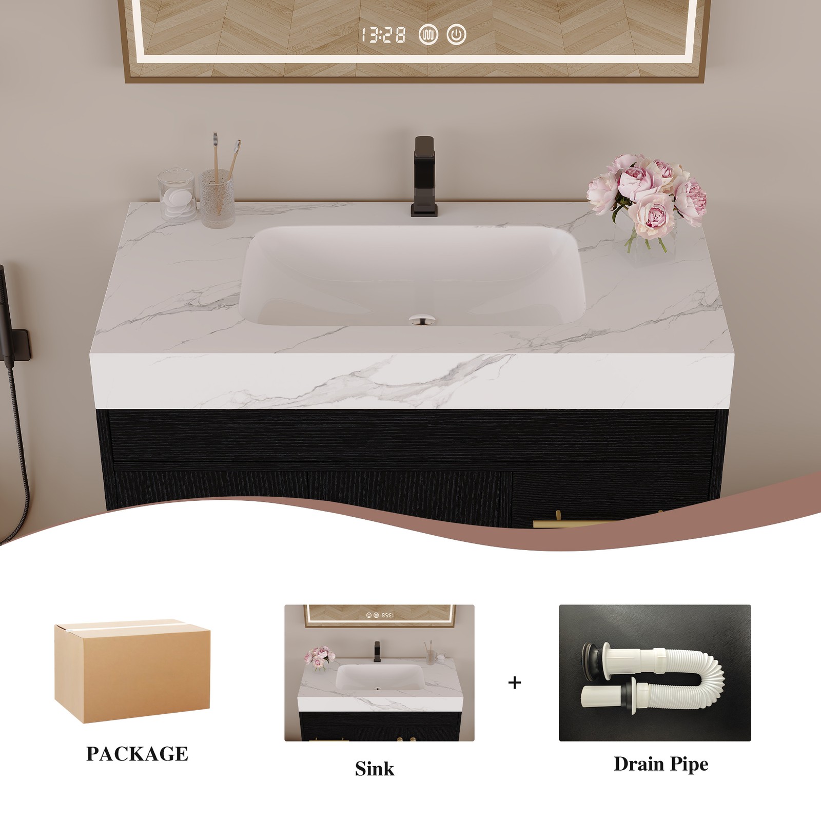36″ Freestanding Bathroom Vanity with Ceramic Sink & Faux Marble Top