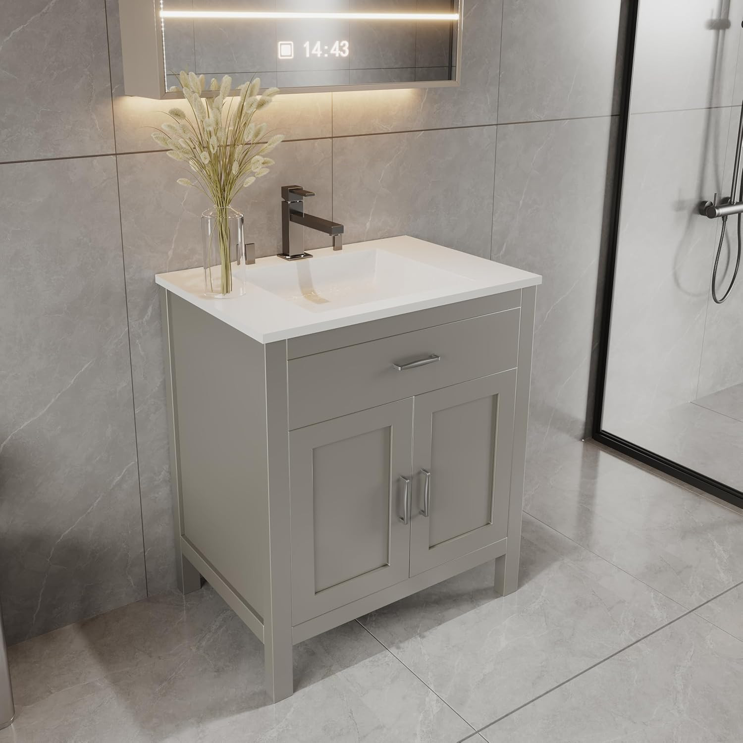 Light Grey Freestanding Bath Vanity with Tip-Out Drawer, 24″/30″/36″ W