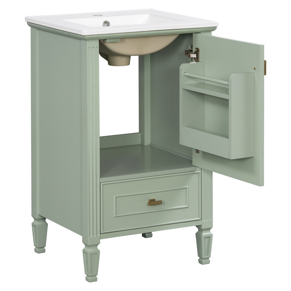 20″ Green Bathroom Vanity, Ceramic Sink, Solid Wood Legs, Soft-Close, Storage