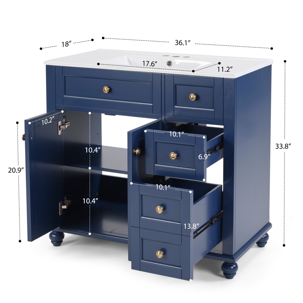36″ Blue Bathroom Vanity with Ceramic Sink, Soft-Close Drawers, Solid Wood Frame