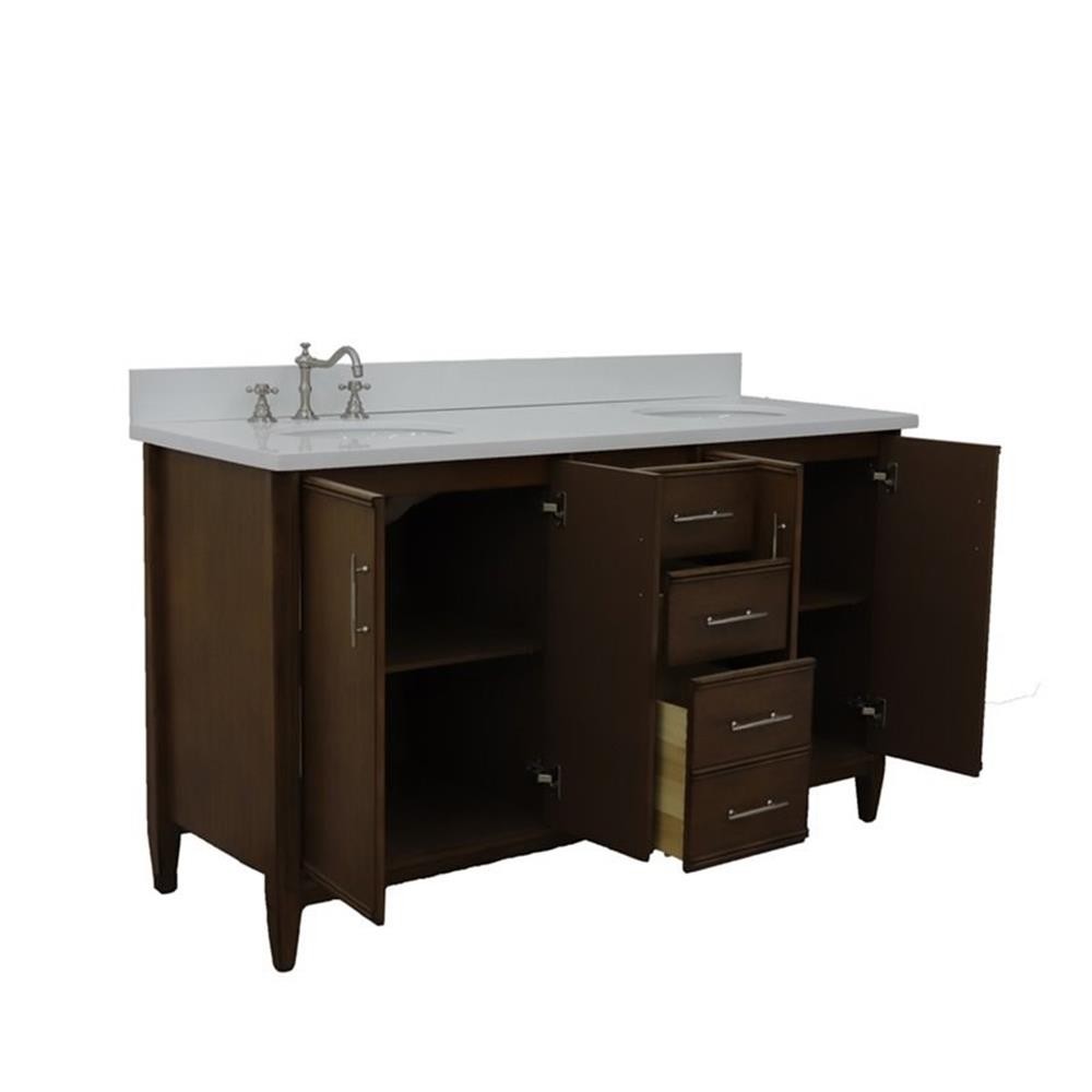 Pemberly Row 61″ Double Oval Sink Solid Wood Vanity in Walnut/White Quartz Stone