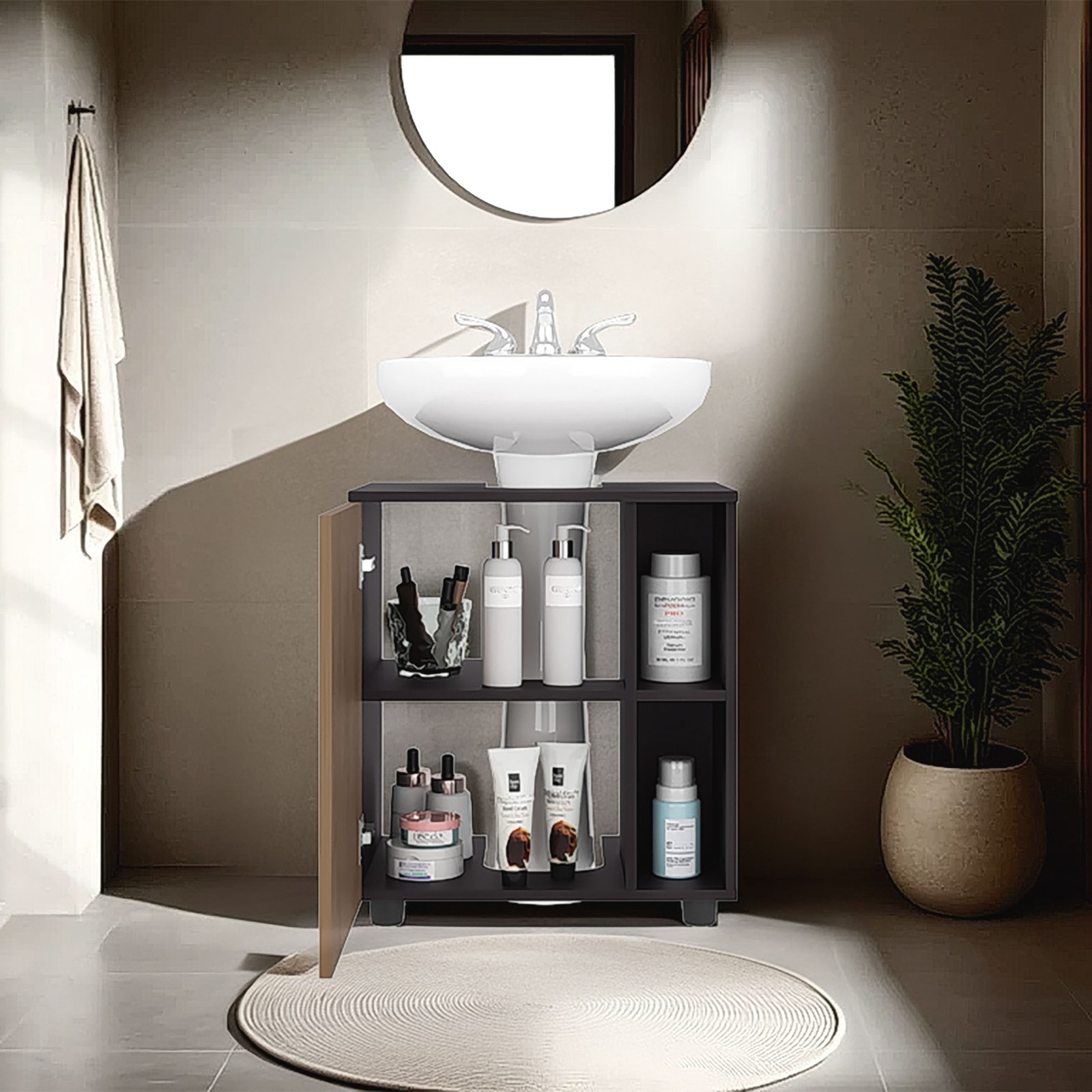 Under Sink Cabinet with Two Side Shelves, Double Doors, 22″ Freestanding