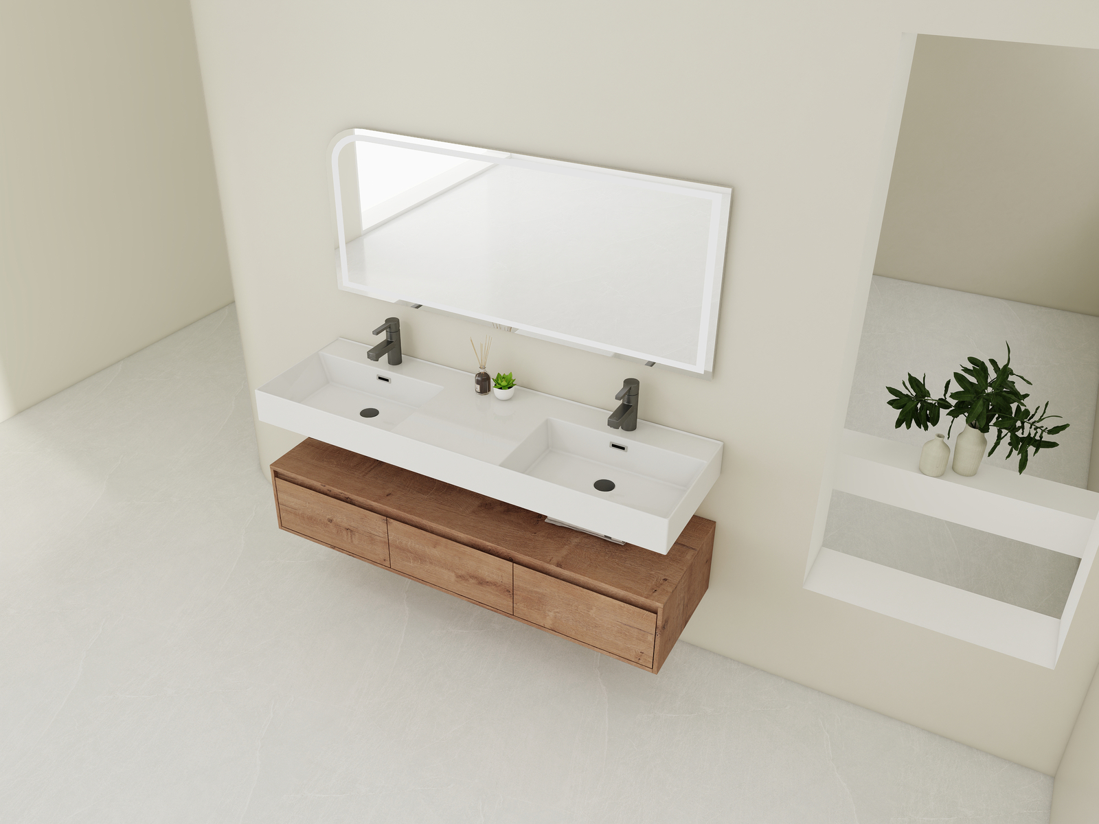 60″ Wood Floating Wall Mounted Bathroom Vanity with Double Resin Sink +3Drawers
