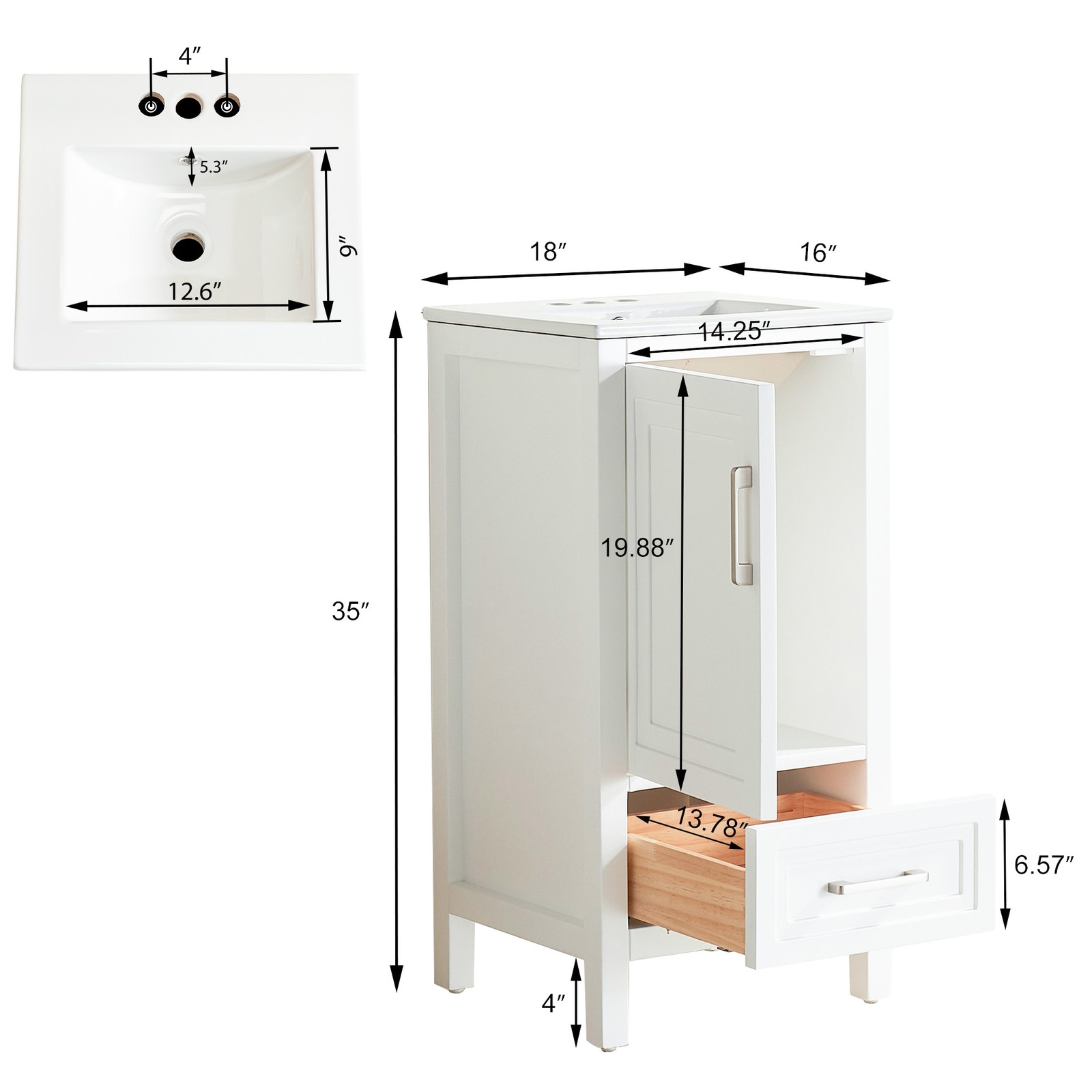 White Freestanding Bathroom Cabinet 18″ Solid Wood Fully Assembled