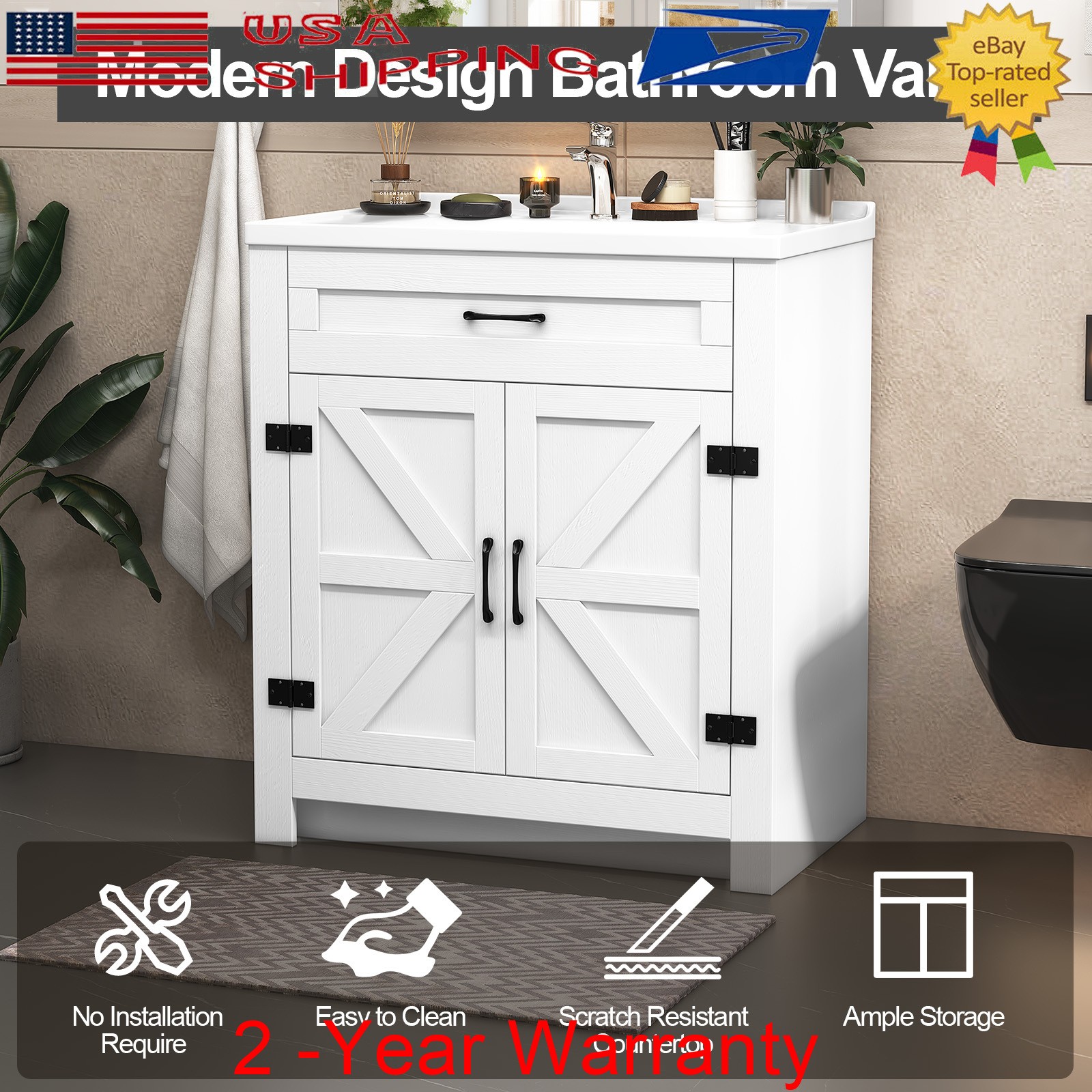 31″ Modern Design Bathroom Vanity Cabinet with Undermount Ceramic Sink w/Drawers