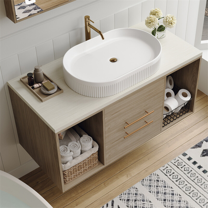 Modern Wall-Mounted Floating Cabinet Bathroom Vanity with Oval Sink & 2 Drawers