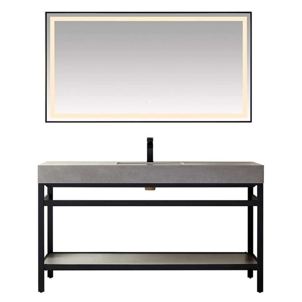 Funes 60″ Single Sink Bathroom Vanity in Matte Black Frame Gray Top w/ Mirror
