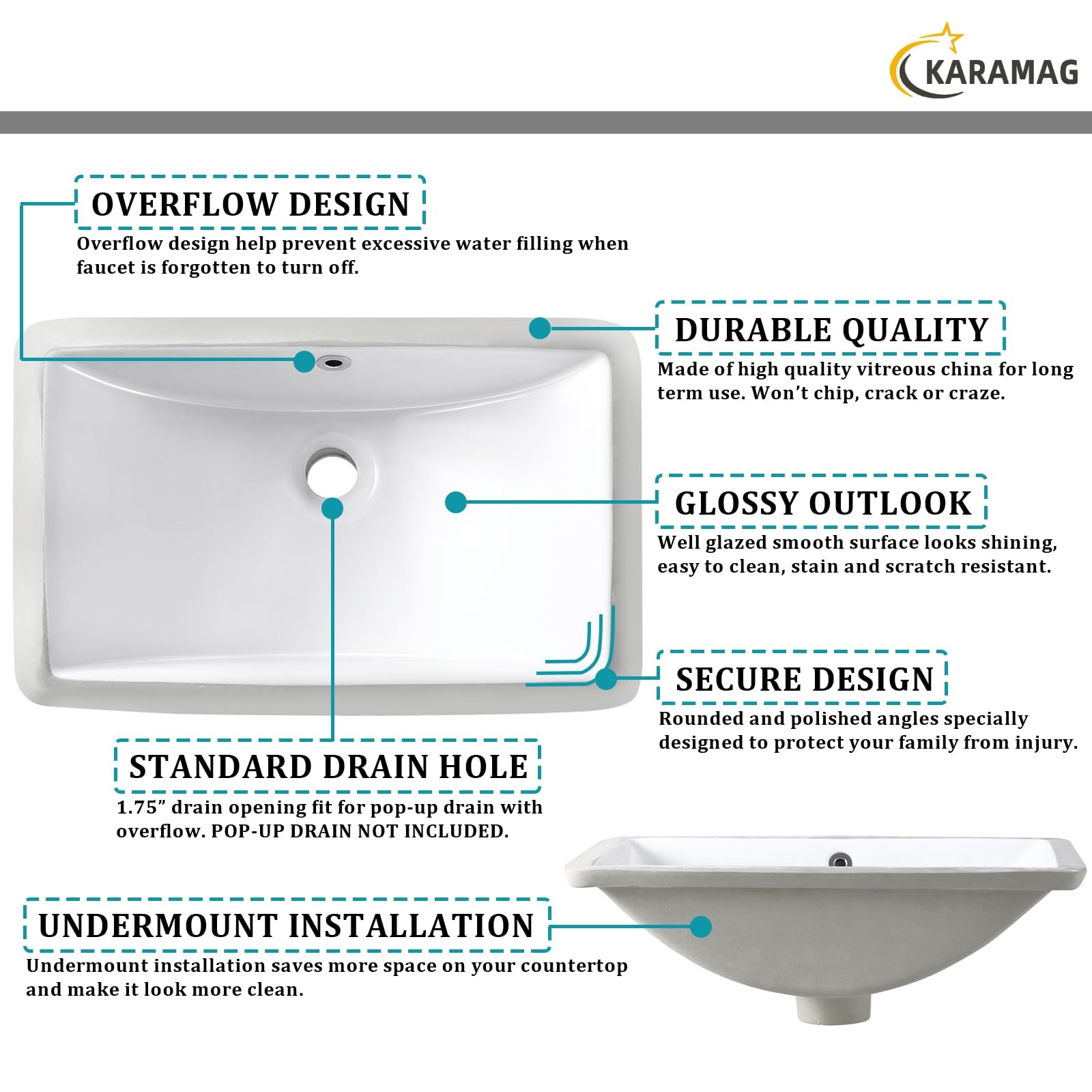 Undermount Bathroom Sink 18.7X11.9 Inch White Rectangular Porcelain Ceramic Vani