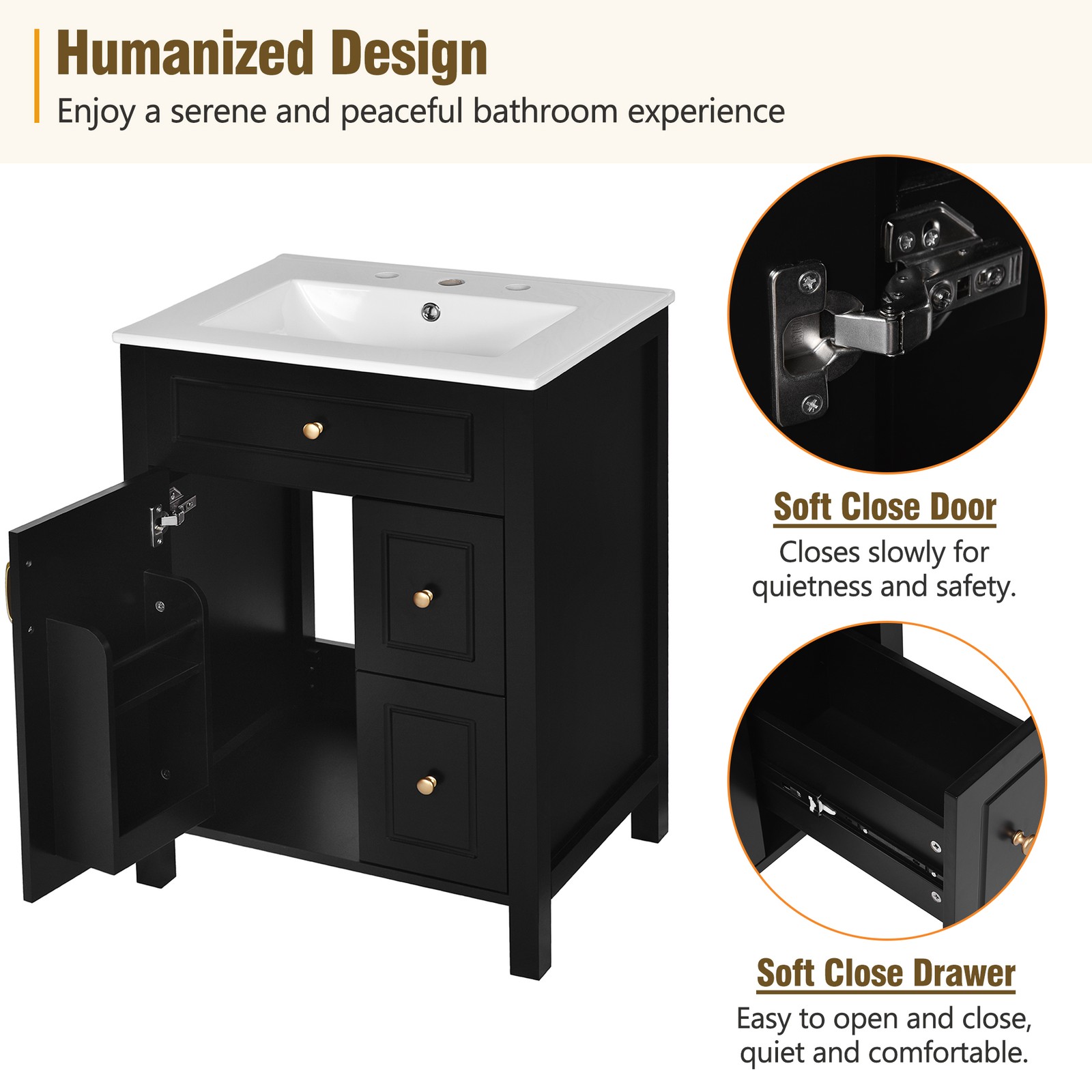 24-Inch Bathroom Vanity with Sink Modern Bathroom Cabinet with 2 Drawers 1 Door