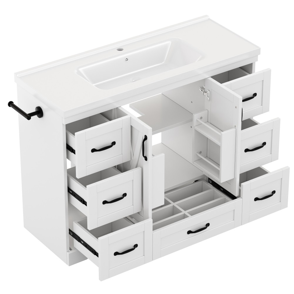 48in Bathroom Vanity W/Sink Ceramic Top Backsplash 6 Drawers Towel Bar Storage