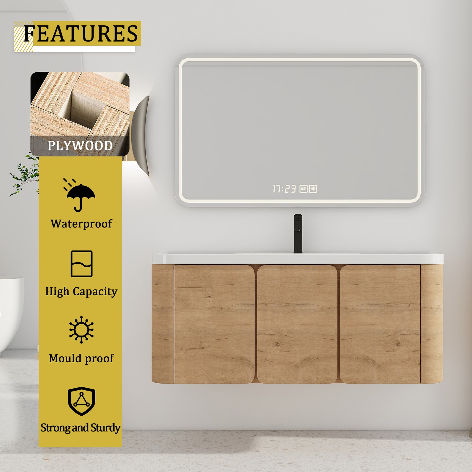 48″ Plywood Floating Wall-Mounted Bathroom Vanity Resin Sink 3 Soft-Close Doors