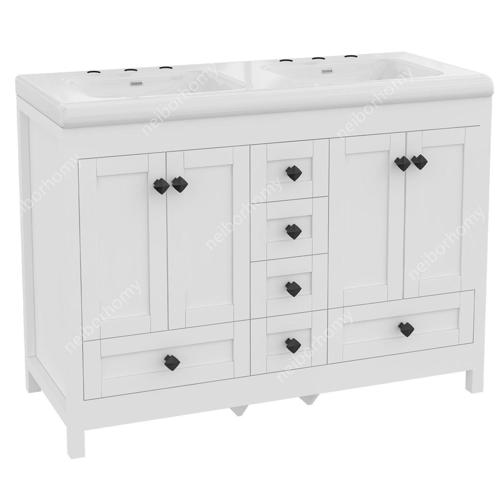 47″ White Classic Bathroom Vanity Double Ceramic Sinks Freestanding w/ 5 Drawers