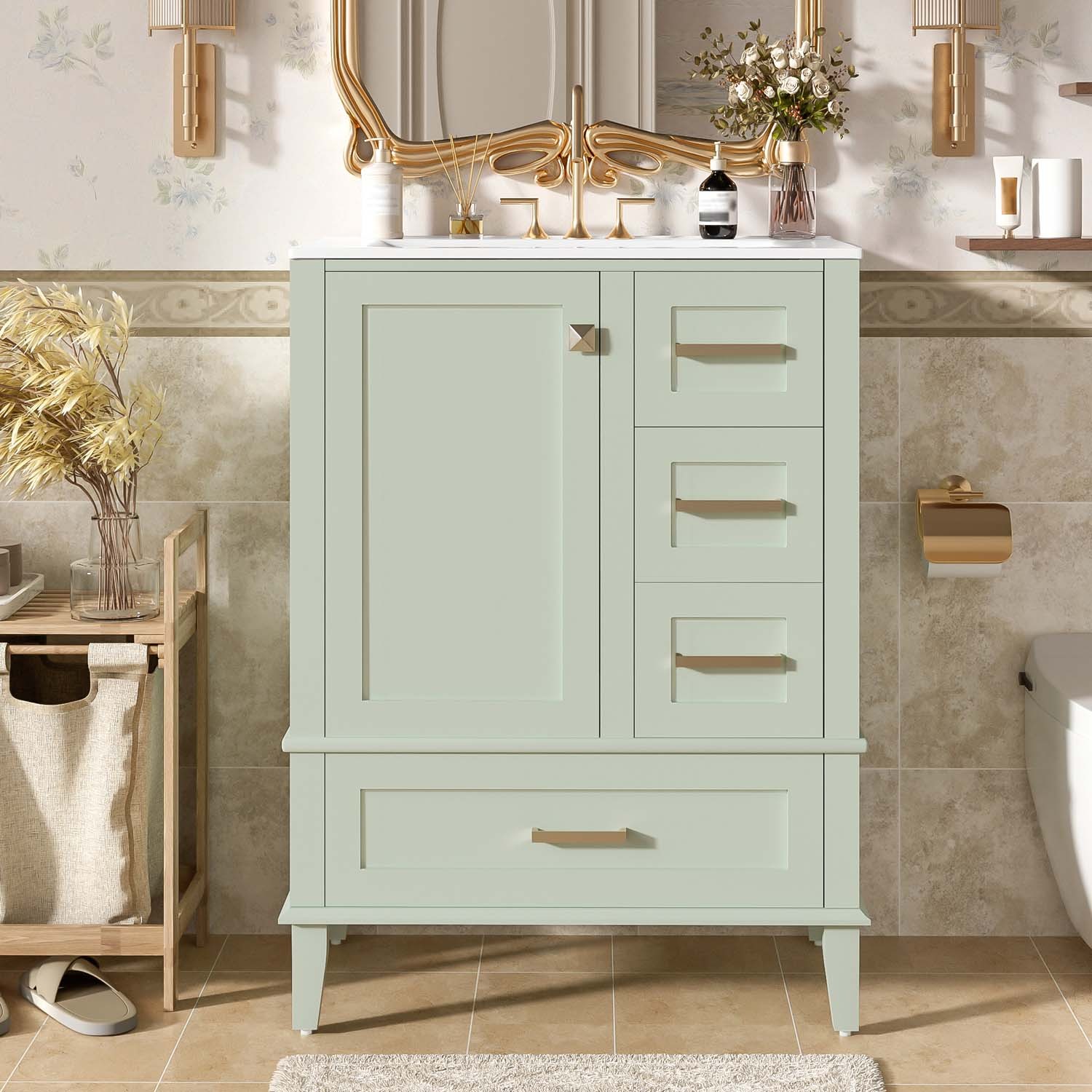 24.8″ Bathroom Vanity Freestanding White Green Hardwood Soft-Close 3 Drawer Sink