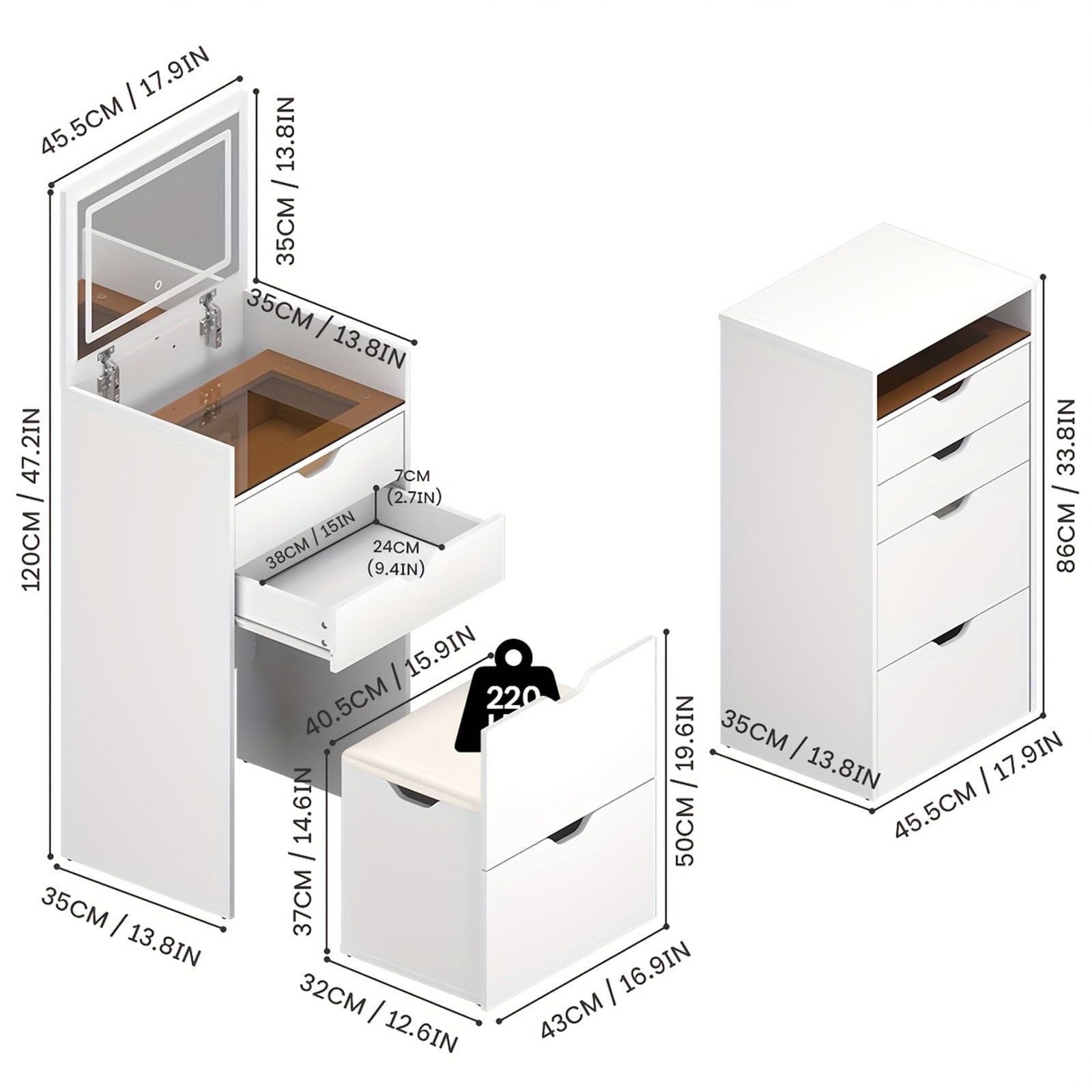 3-in-1 Vanity Desk Set with Mirror Stool LED Lights Drawers Hidden Storage White