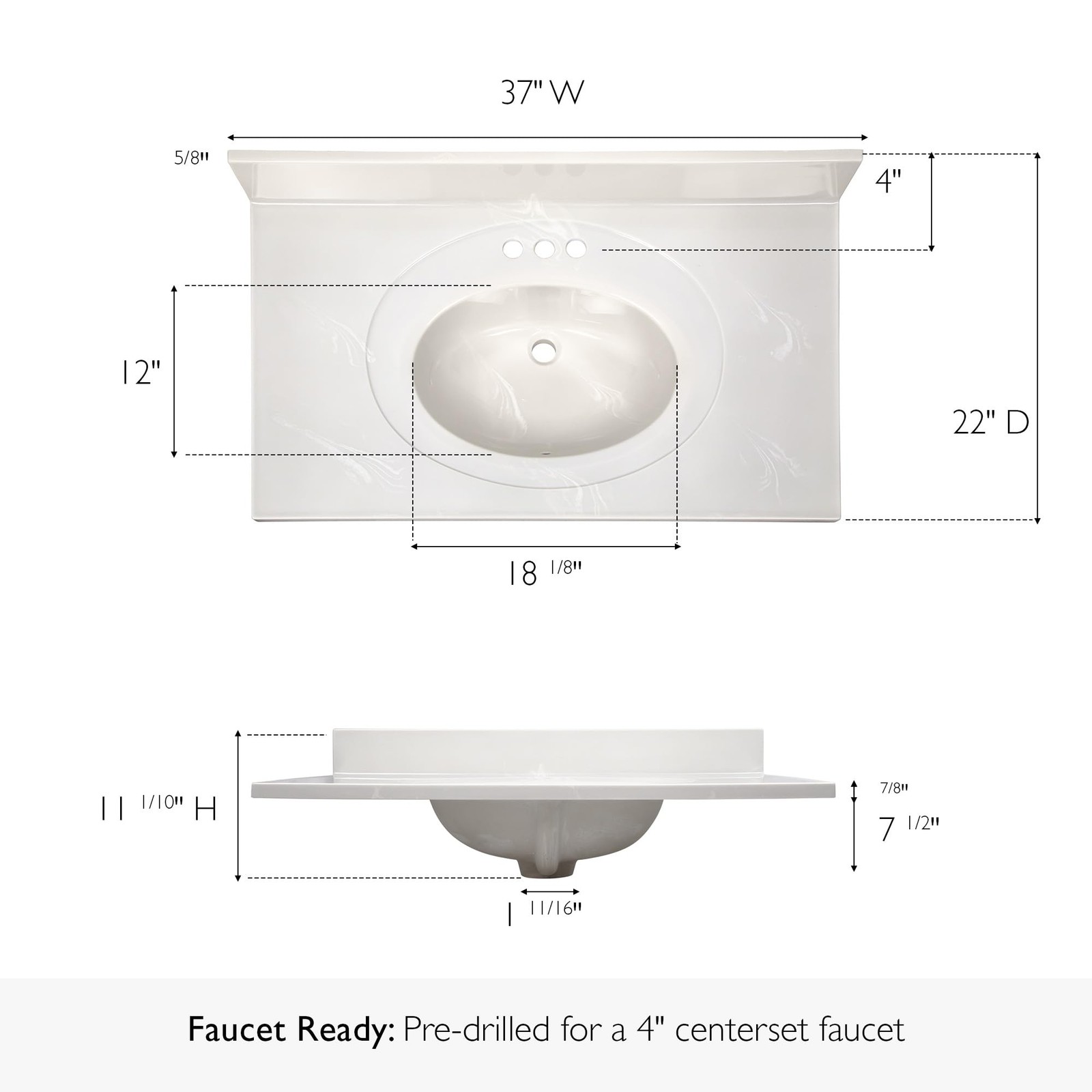 Cultured Marble White on White Vanity Top 37 Inch x 22 Inch