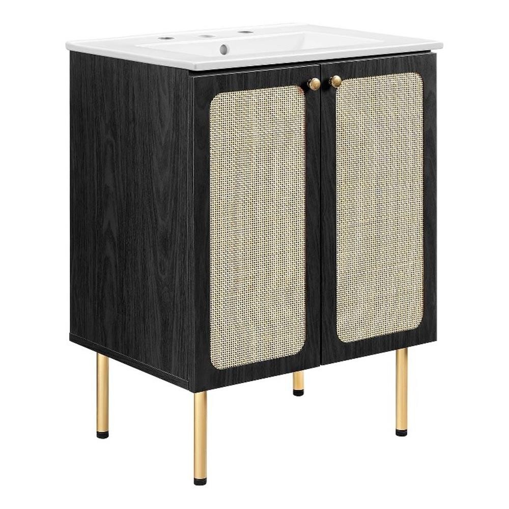 Pemberly Row 24″ Wood & Rattan Bathroom Vanity in Black/White