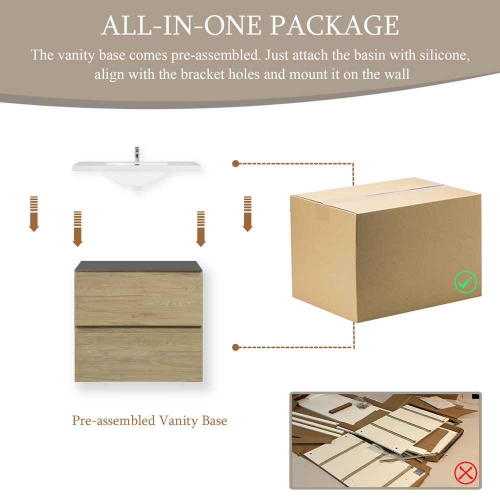 24″ 30″ 36″ Wall Mounted Bathroom Vanity with Sink, Floating Cabinet, 2 Drawers