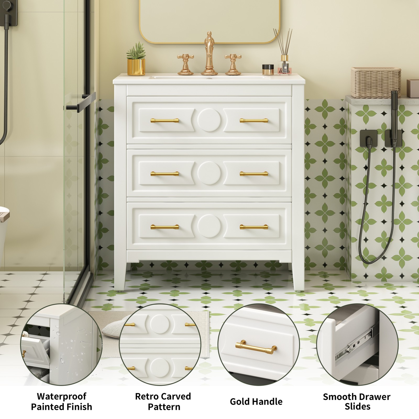 Bathroom dressing table – white, ceramic sink set, 3 drawers, solid wood frame