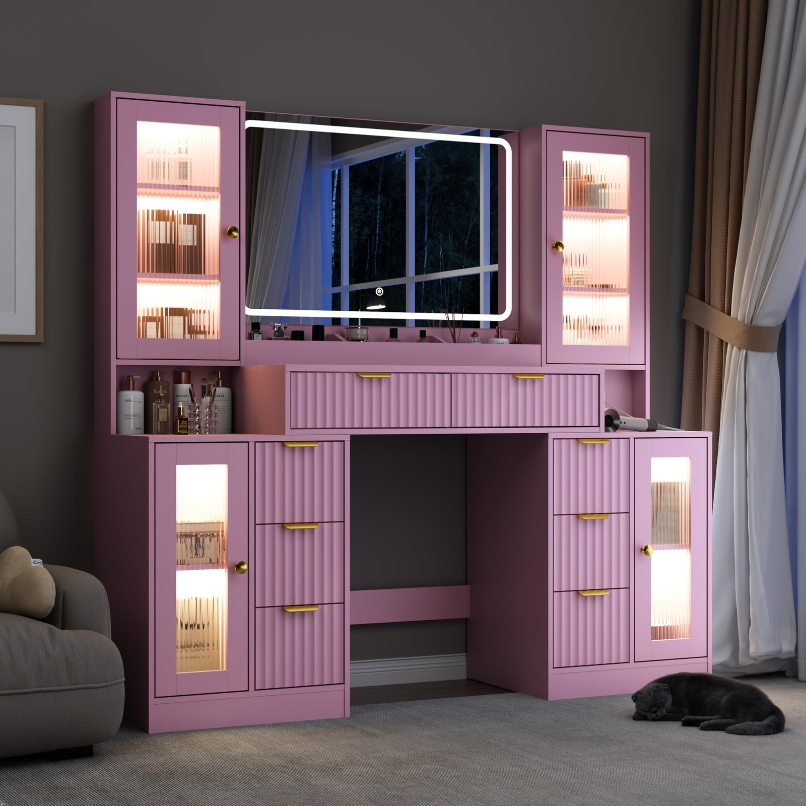 55in Fluted Vanity Desk w/ Mirror Lights 8 Drawers RGB Dimmable Charging Station