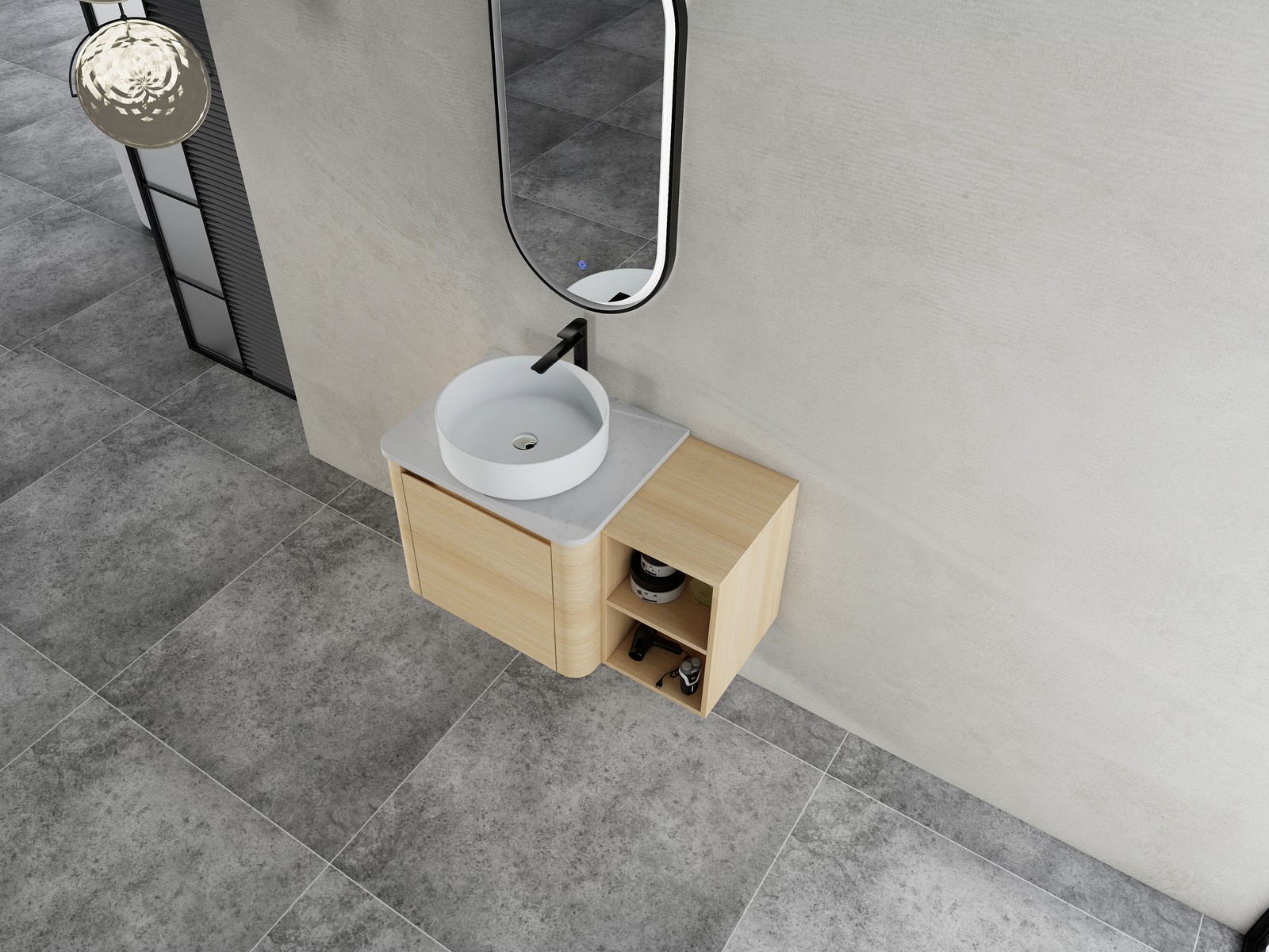 36in Plywood Floating Bathroom Vanity W/White Ceramic Basin Sink Storage Shelves