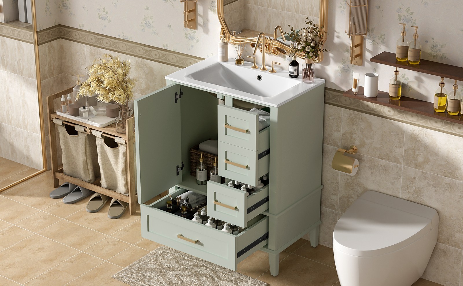 24.8″ Bathroom Vanity with Ceramic Sink,Freestanding Storage Cabinet w/Drawers