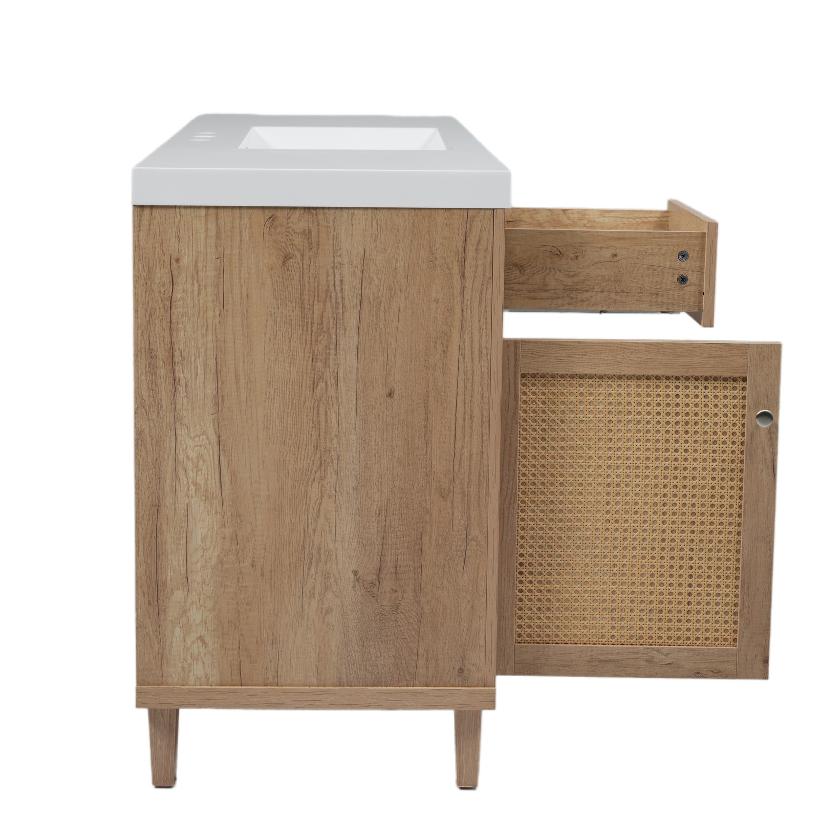 60″ Wooden Bathroom Vanity Cabinet with SMC Sink Storage Drawers Rattan Doors