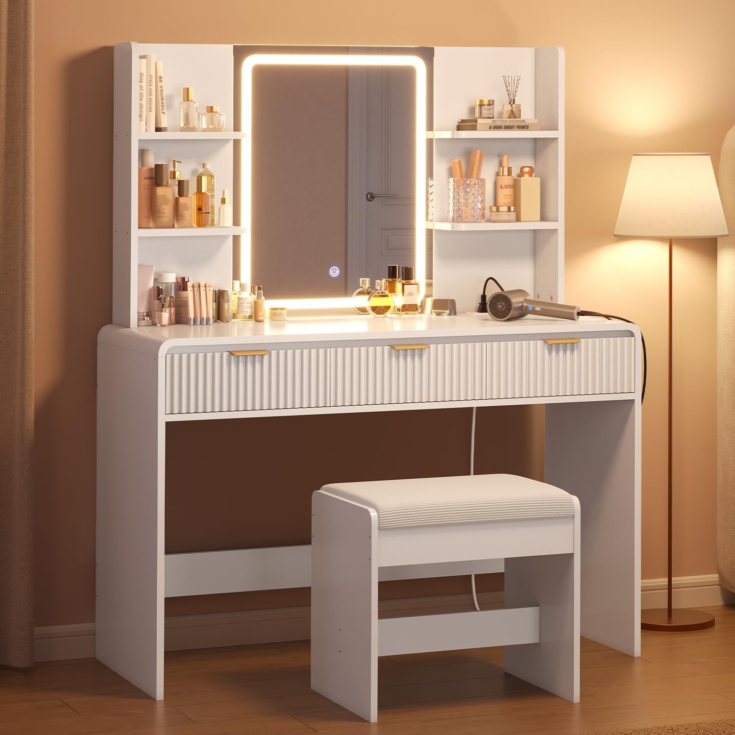 Fluted Vanity Desk with Mirror & Lights, Stool, Power Outlet White