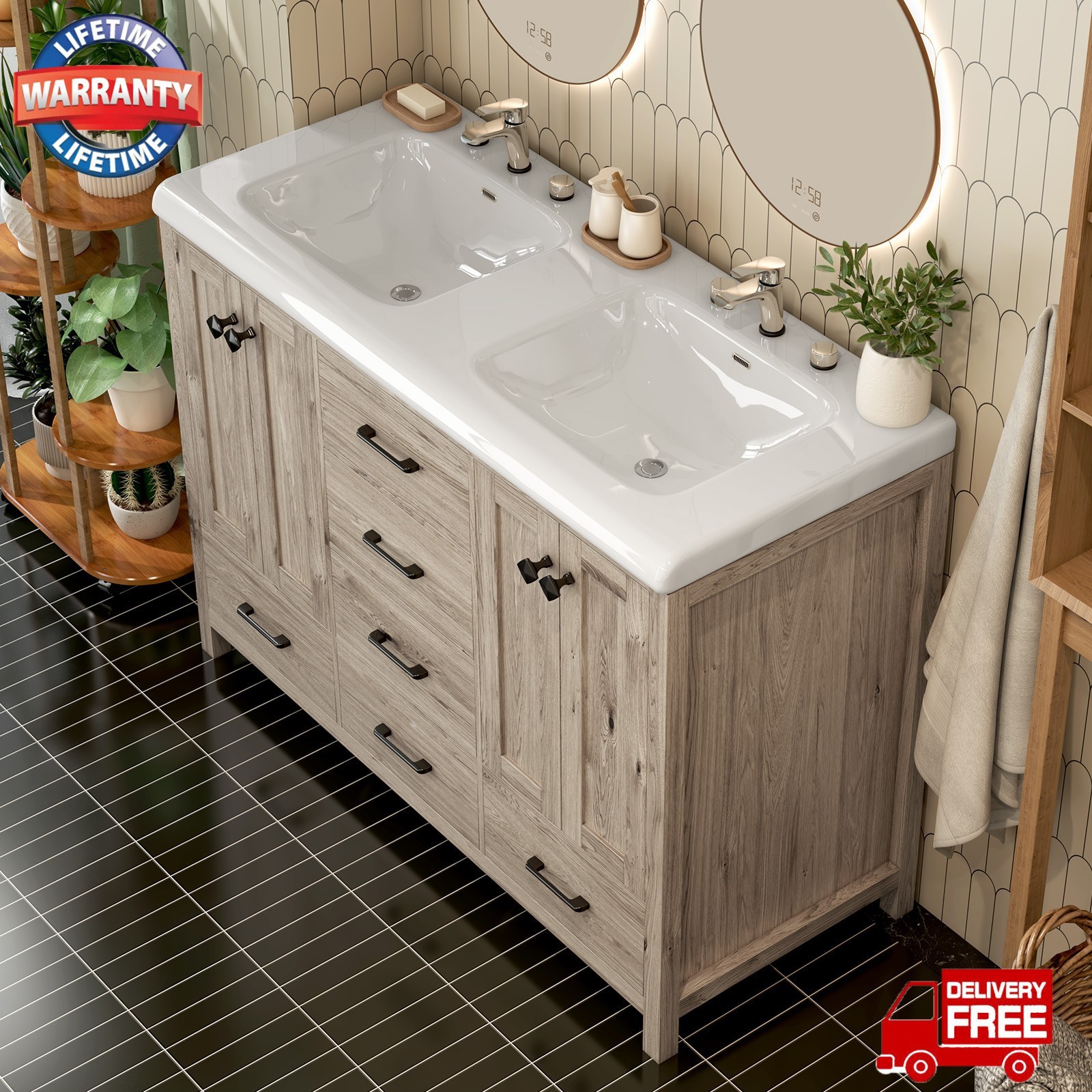 46.7″ Bathroom Vanity Double Sink Ceramic Freestanding Cabinet Wood Grain Modern