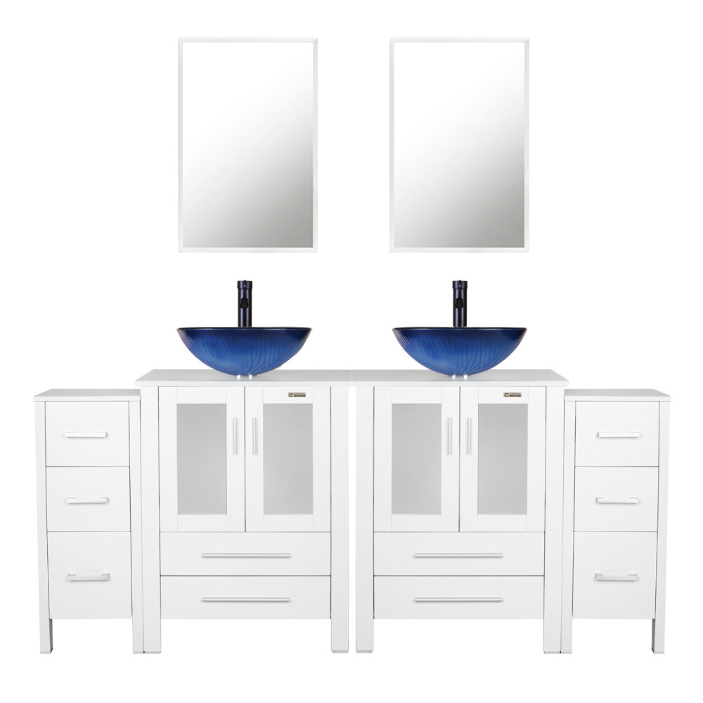 72″ White Bathroom Vanity Set Glass Ceramic Vessel Sink Cabinet No Mirror