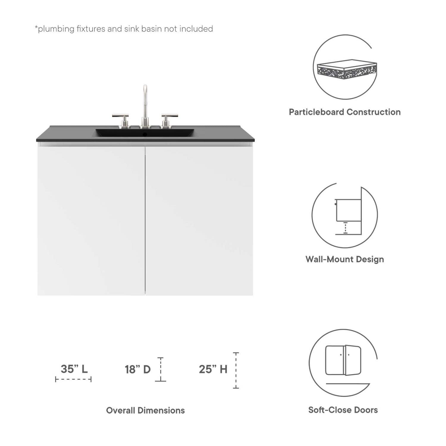 Modway Vitality 35″ Plastic and Wood Wall-Mount Bathroom Vanity in White