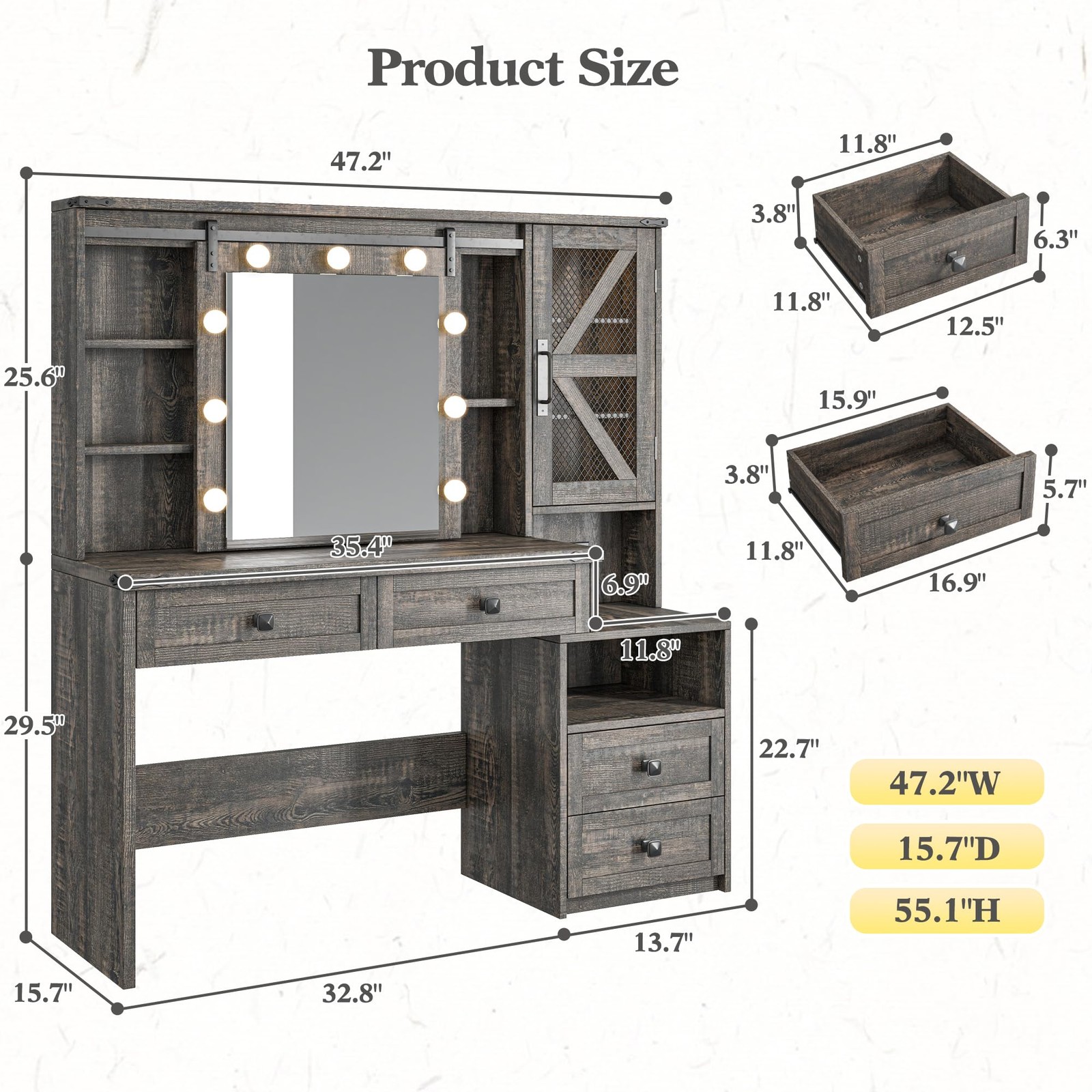 Farmhouse Vanity Desk Sliding Mirror Lights Drawers RGB Cabinet Jewel Rustic Oak