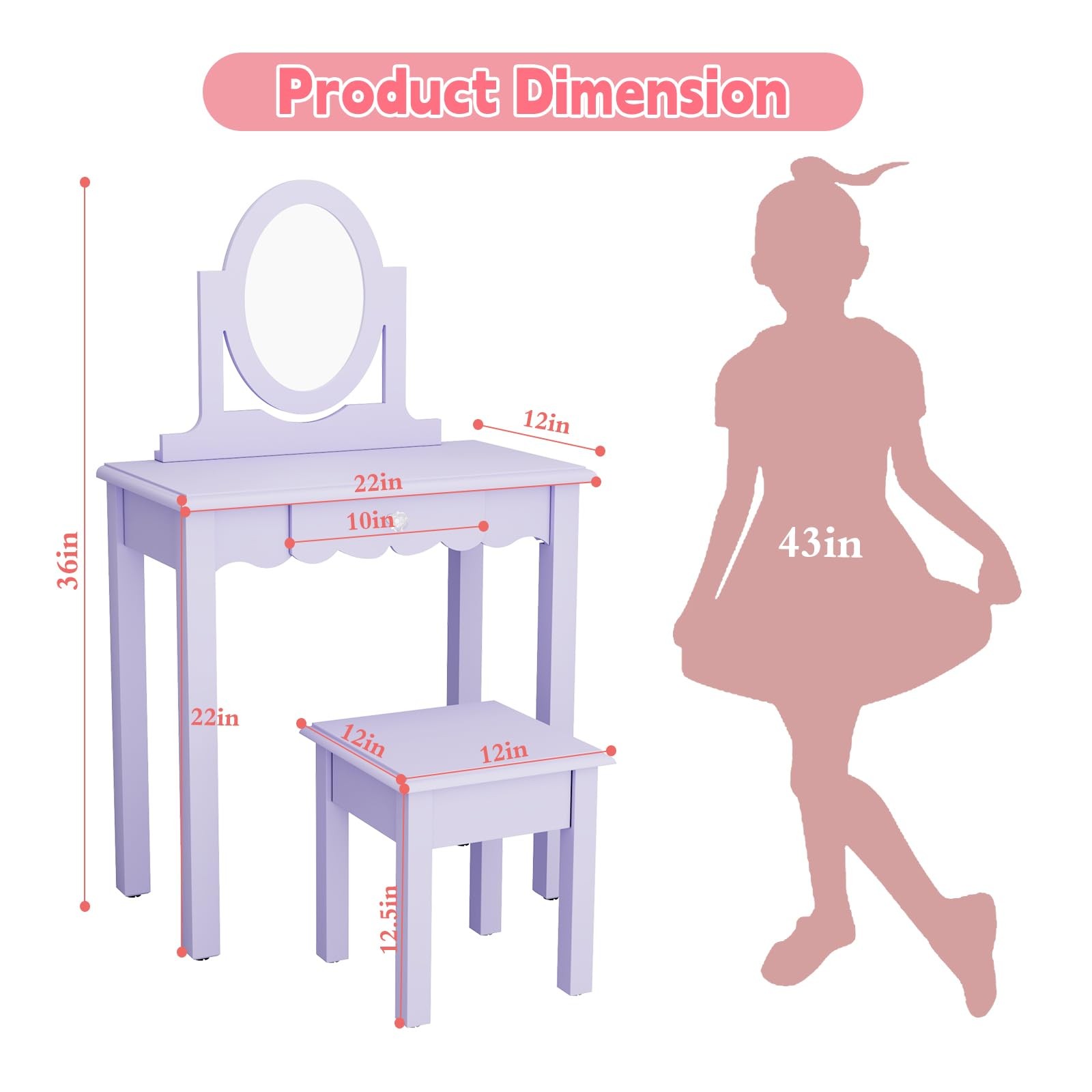 Wooden 2-in-1 Kids Vanity Desk Set with Mirror Stool Detachable Top